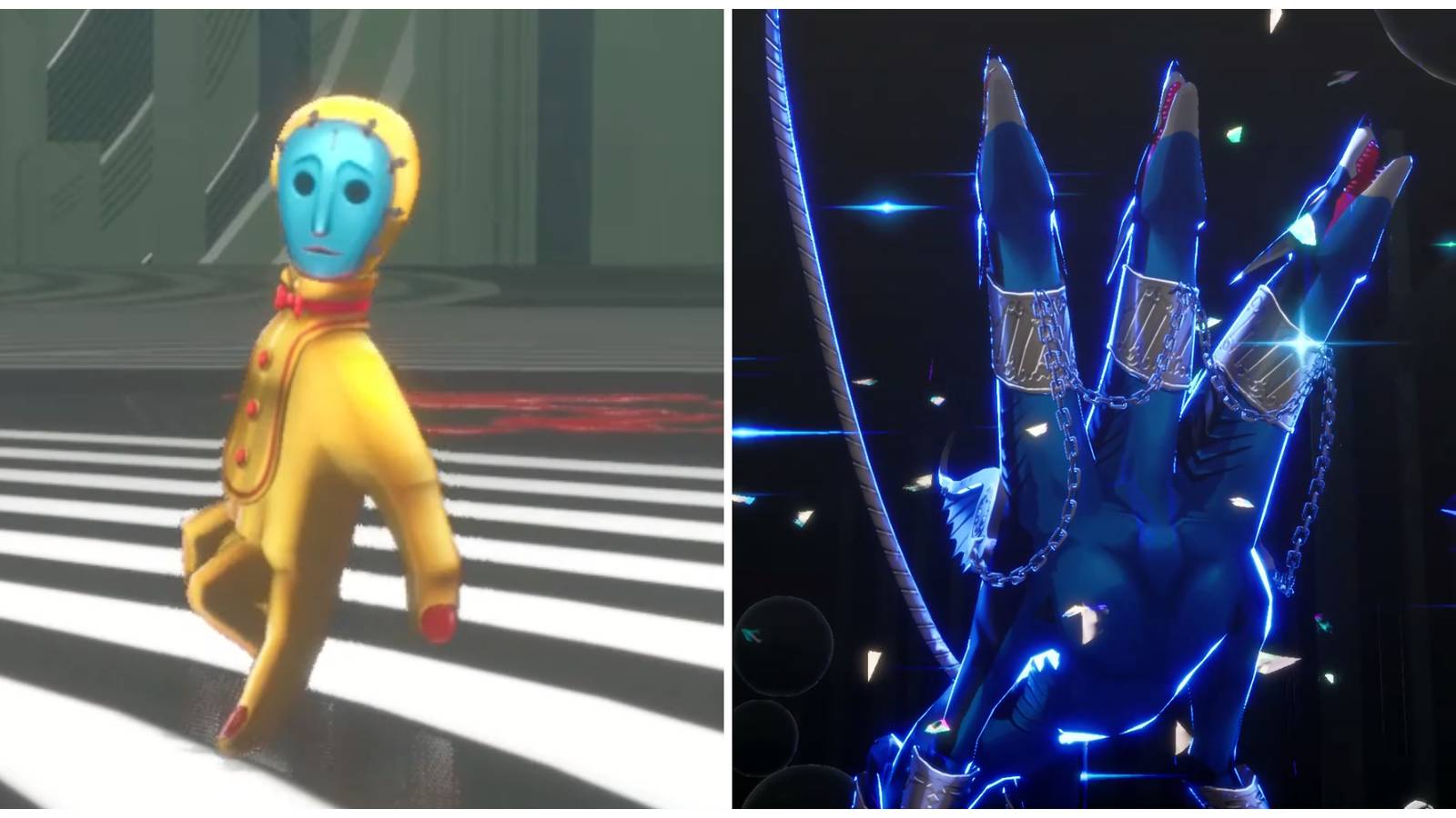 Split image of the Glorious Hand enemy and Koromaru's persona in Persona 3 Reload