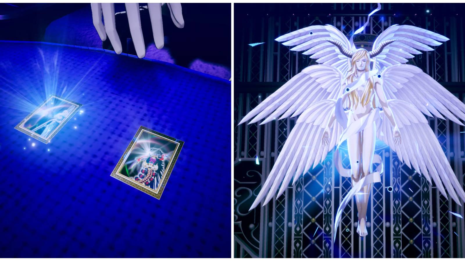 Split image of Igor fusing Rangda and Messiah together to make Helel, and Helel after being created in Persona 3 Reload