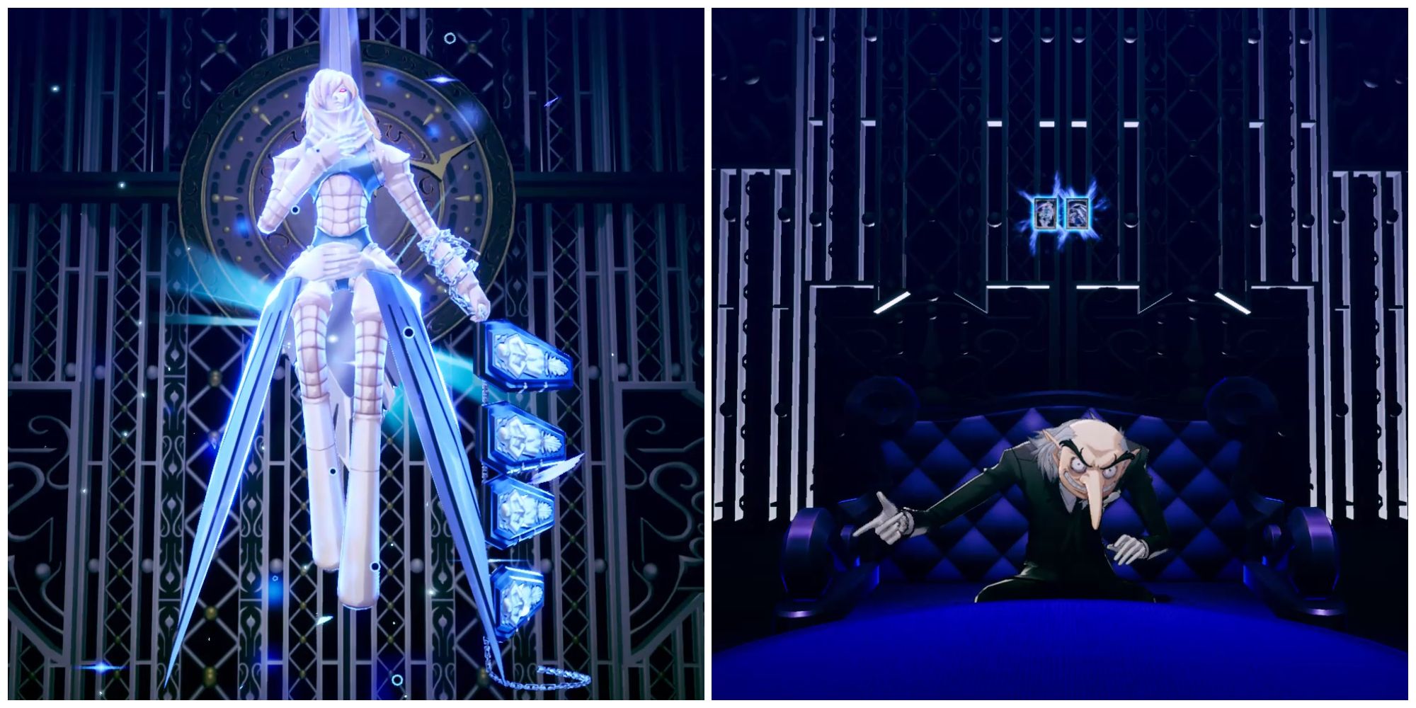 Split image of the Persona Messiah and Igor creating Messiah in the Velvet Room in Persona 3 Reload