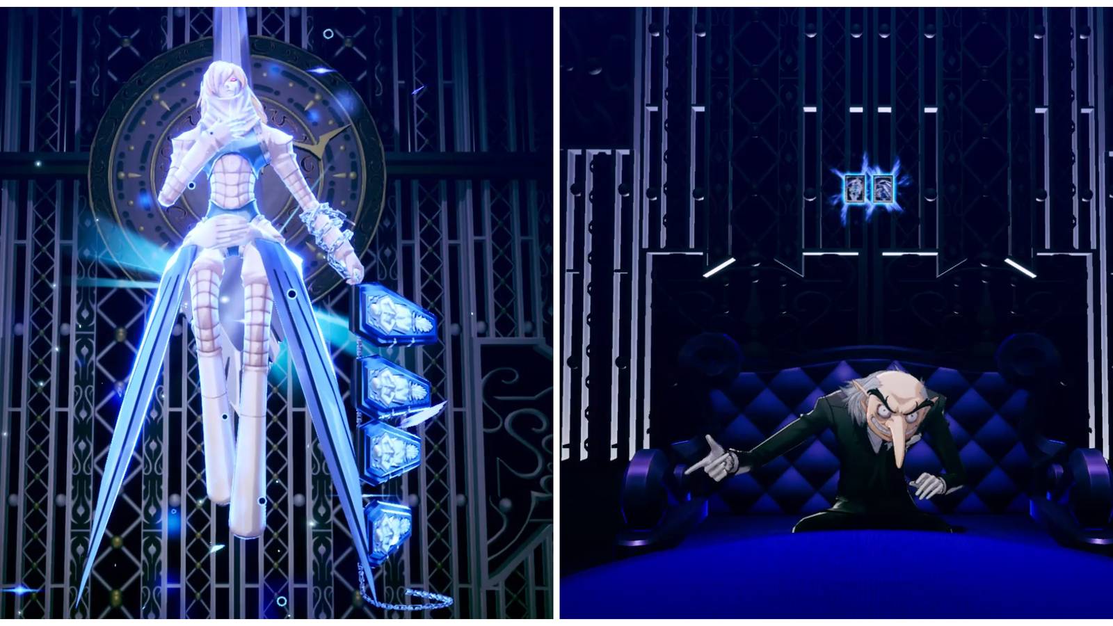Split image of the Persona Messiah and Igor creating Messiah in the Velvet Room in Persona 3 Reload