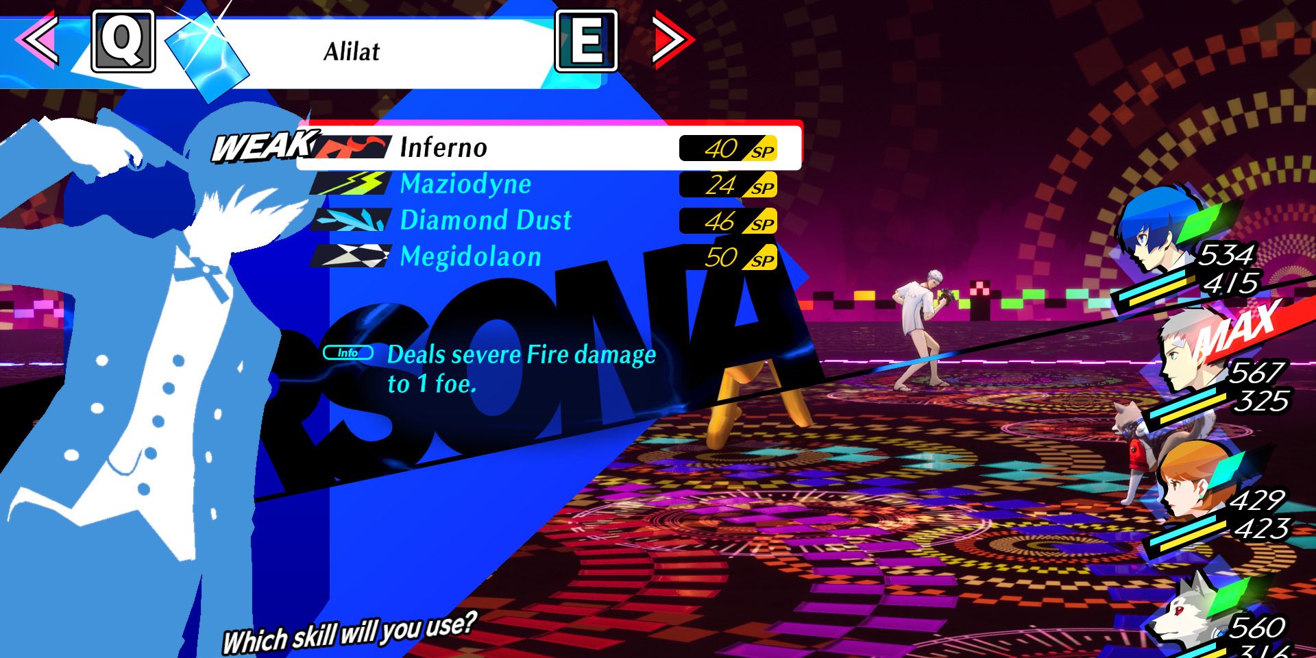Image of the main character using the Inferno skill against Dutiful Checkmate in Persona 3 Reload - Dutiful Checkmate doesn't have resistances to any Elements or Physical attacks, so you can pretty much use any skill you want on it