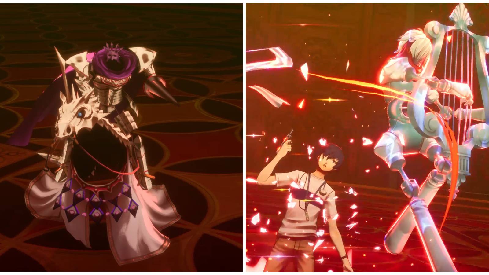 Split image of the Intrepid Knight boss and the main character using his Theurgy ability in Persona 3 Reload