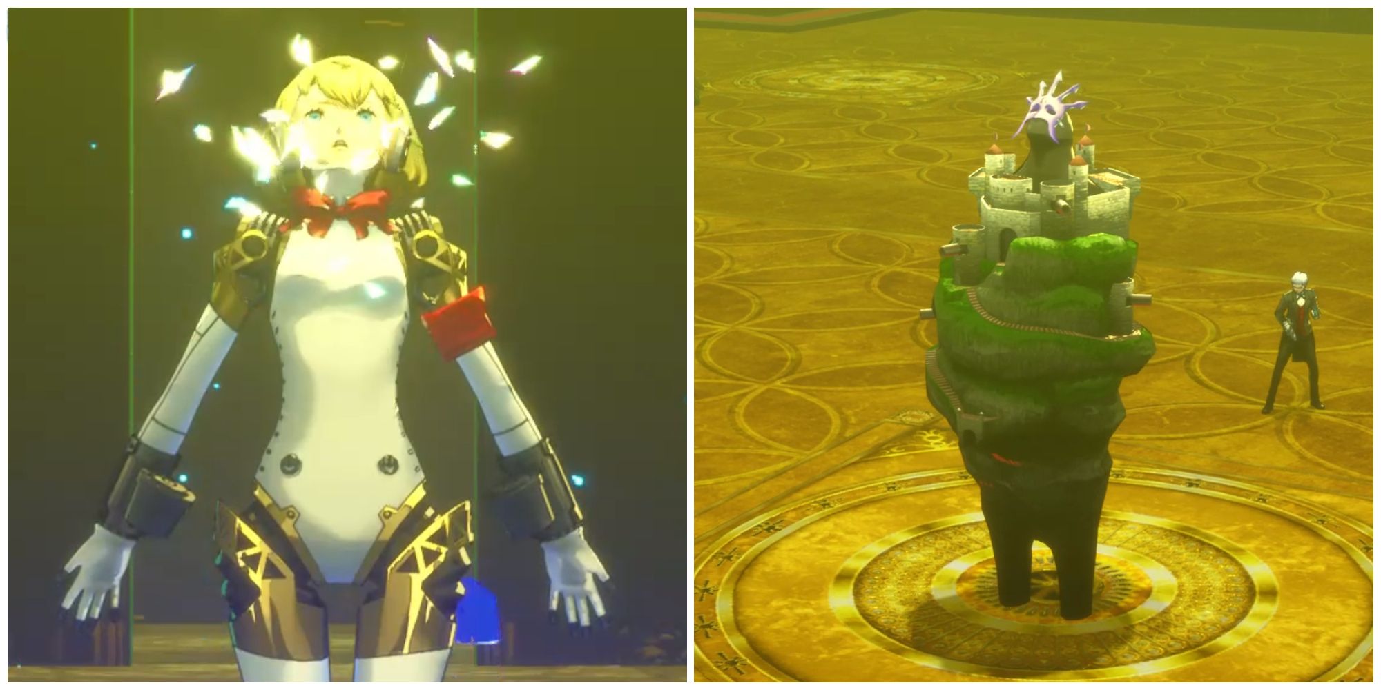 Split image of Aigis using an attack and the Isolated Castle boss in Persona 3 Reload