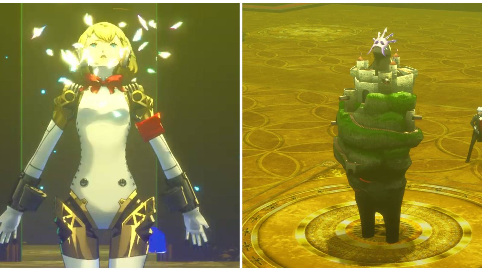 Split image of Aigis using an attack and the Isolated Castle boss in Persona 3 Reload