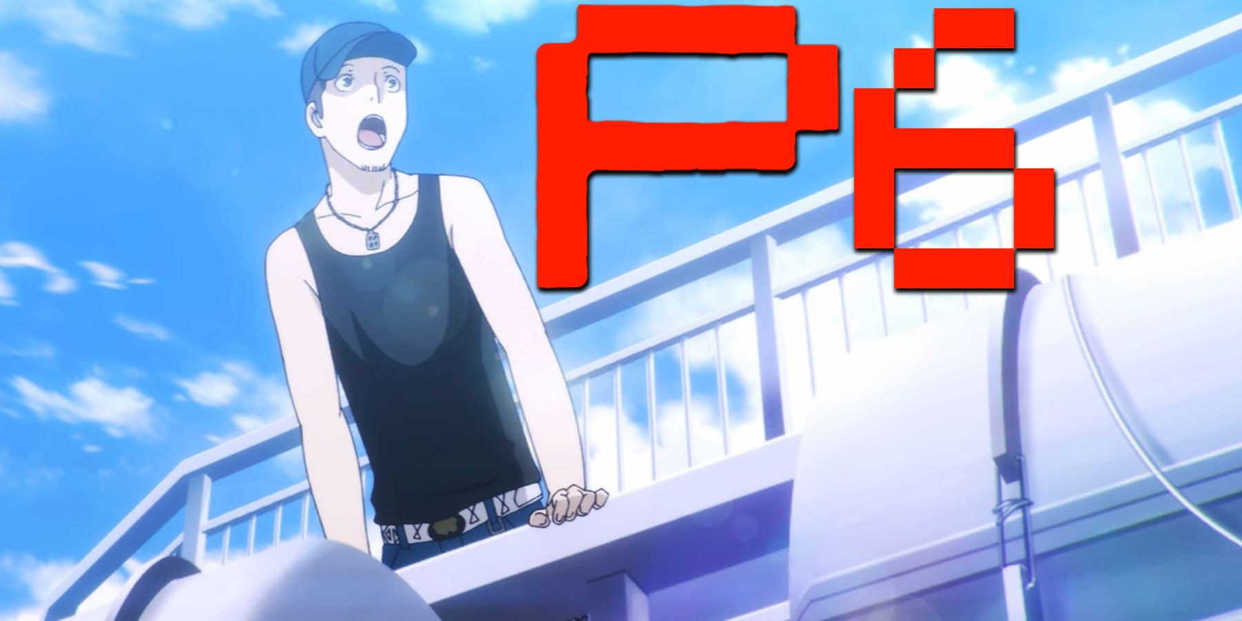 Persona 3 Reload Junpei Iori at ferry looking surprised next to Persona 6 logo mockup