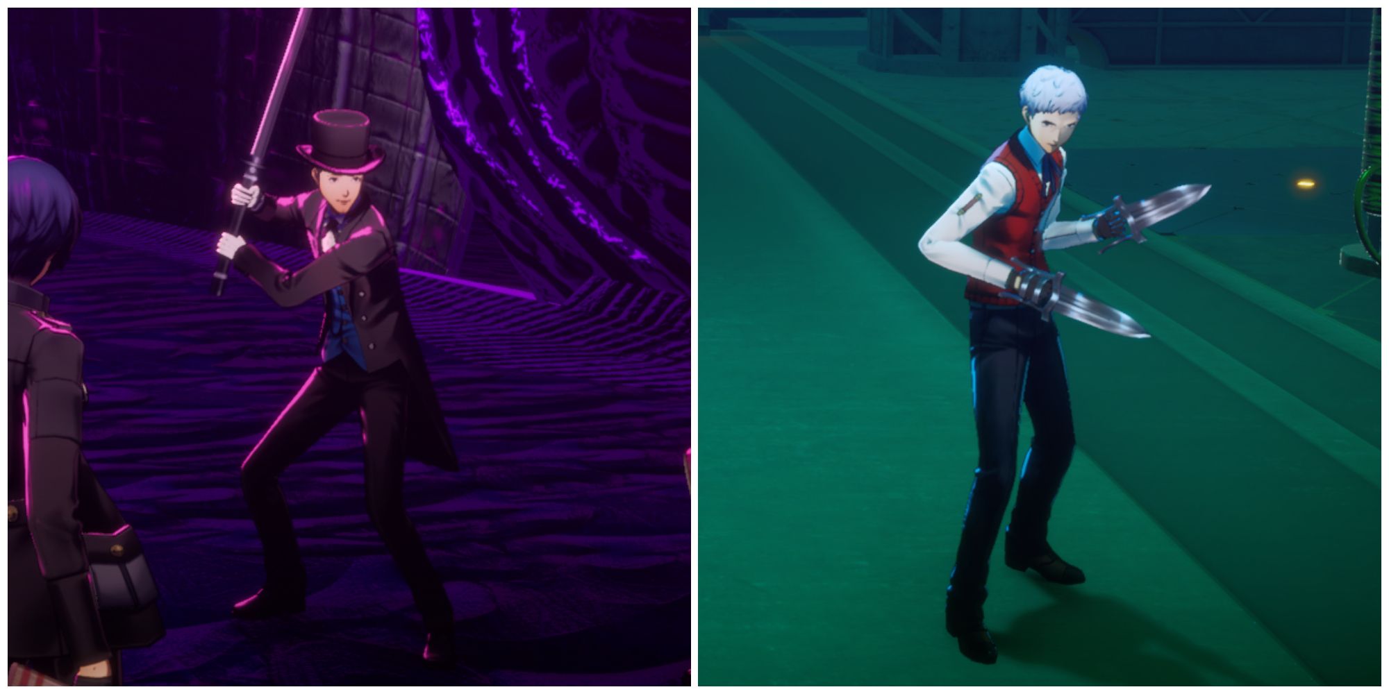 Split image of the characters Junpei and Sanada in unlockable outfits in Persona 3 Reload