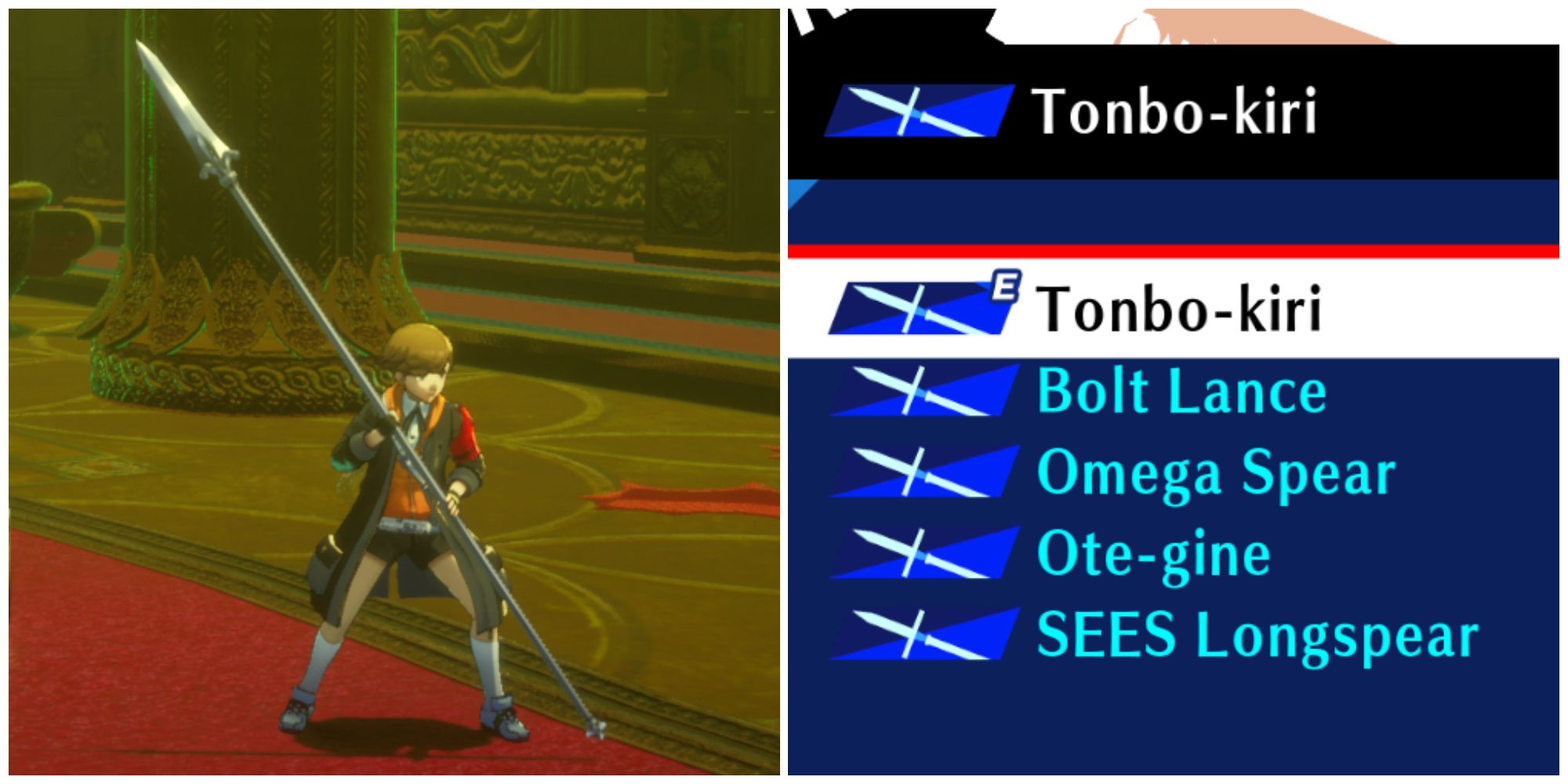Split image of Ken Amada holding the Tonbo-kiri and the Tonbo-kiri being equipped to Amada in Persona 3 Reload