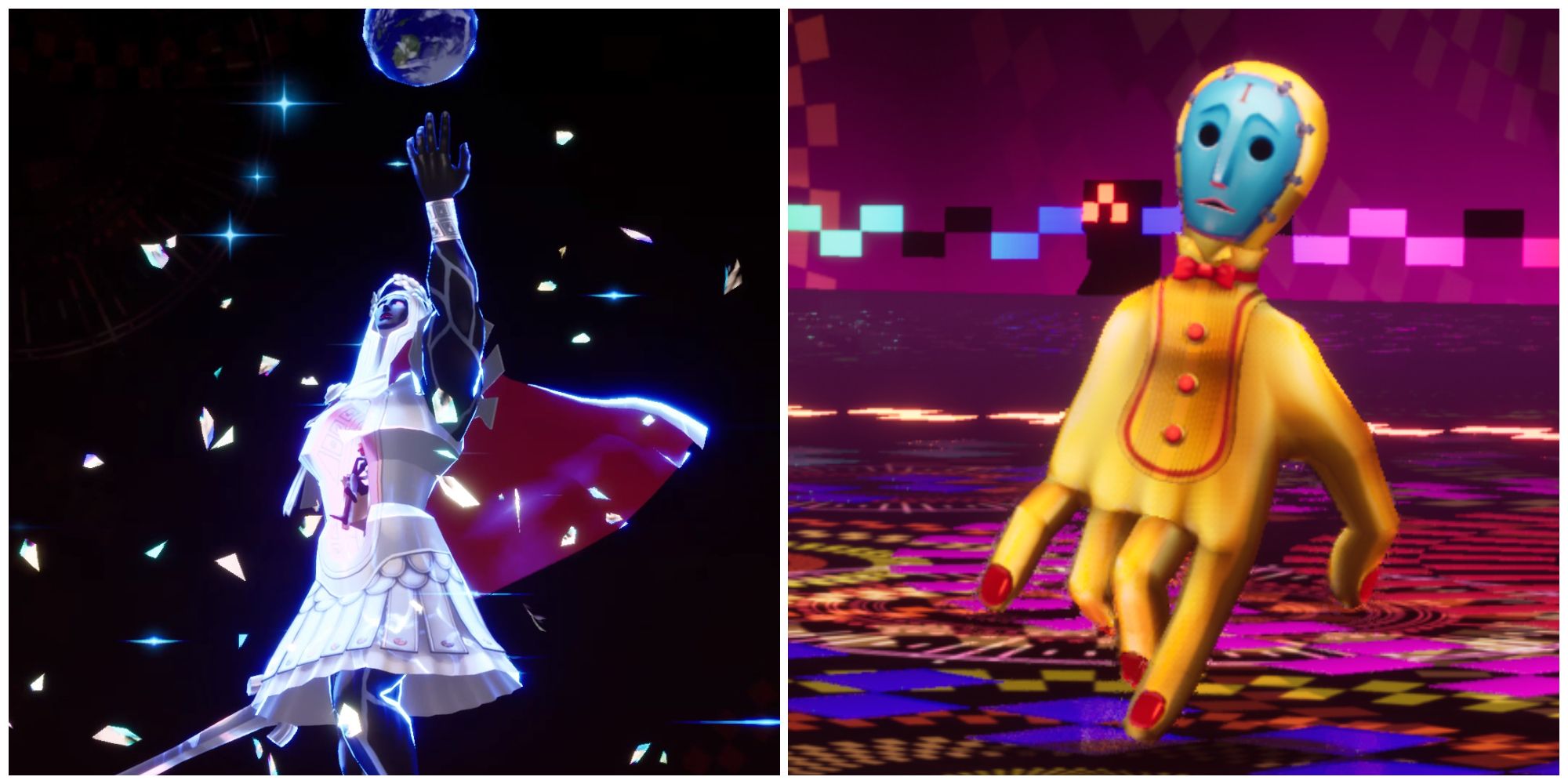 Split image of Sanada's Persona using an attack and the Luxury Hand enemy in Persona 3 Reload