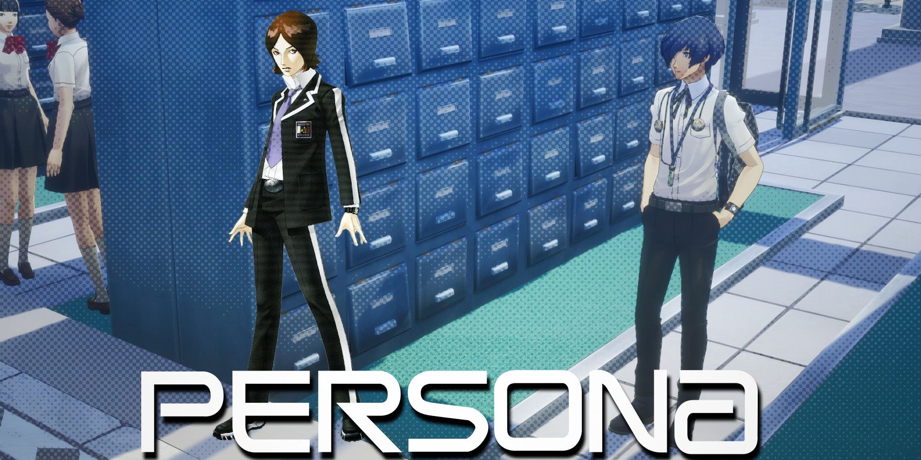 Persona 3 Reload Makoto in School looking at Tatsuya Suou behind Persona 2 logo