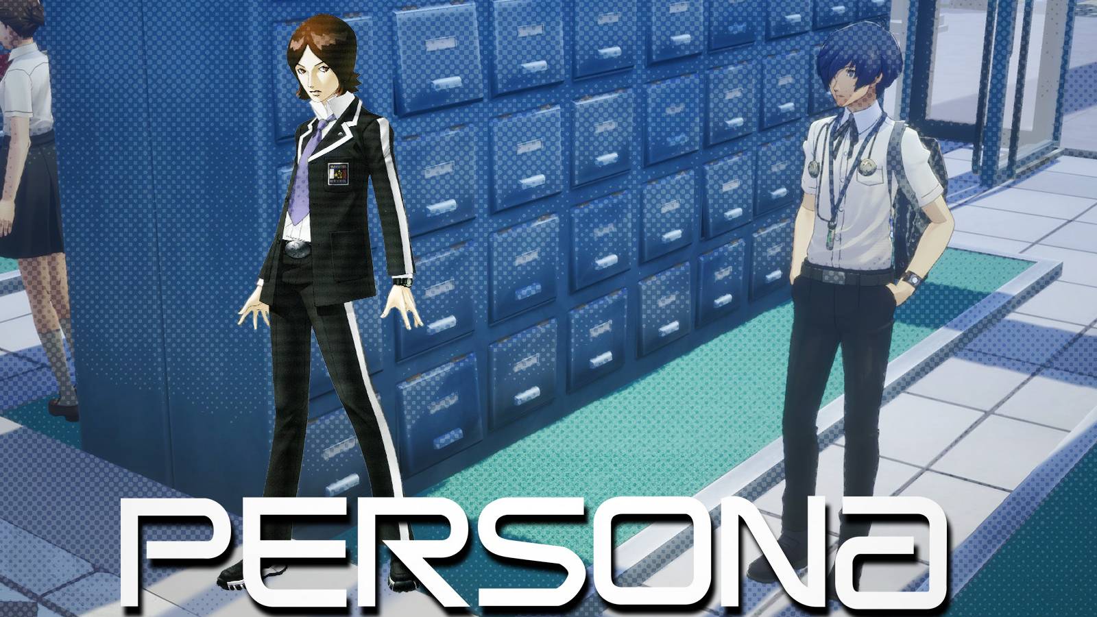Persona 3 Reload Makoto in School looking at Tatsuya Suou behind Persona 2 logo