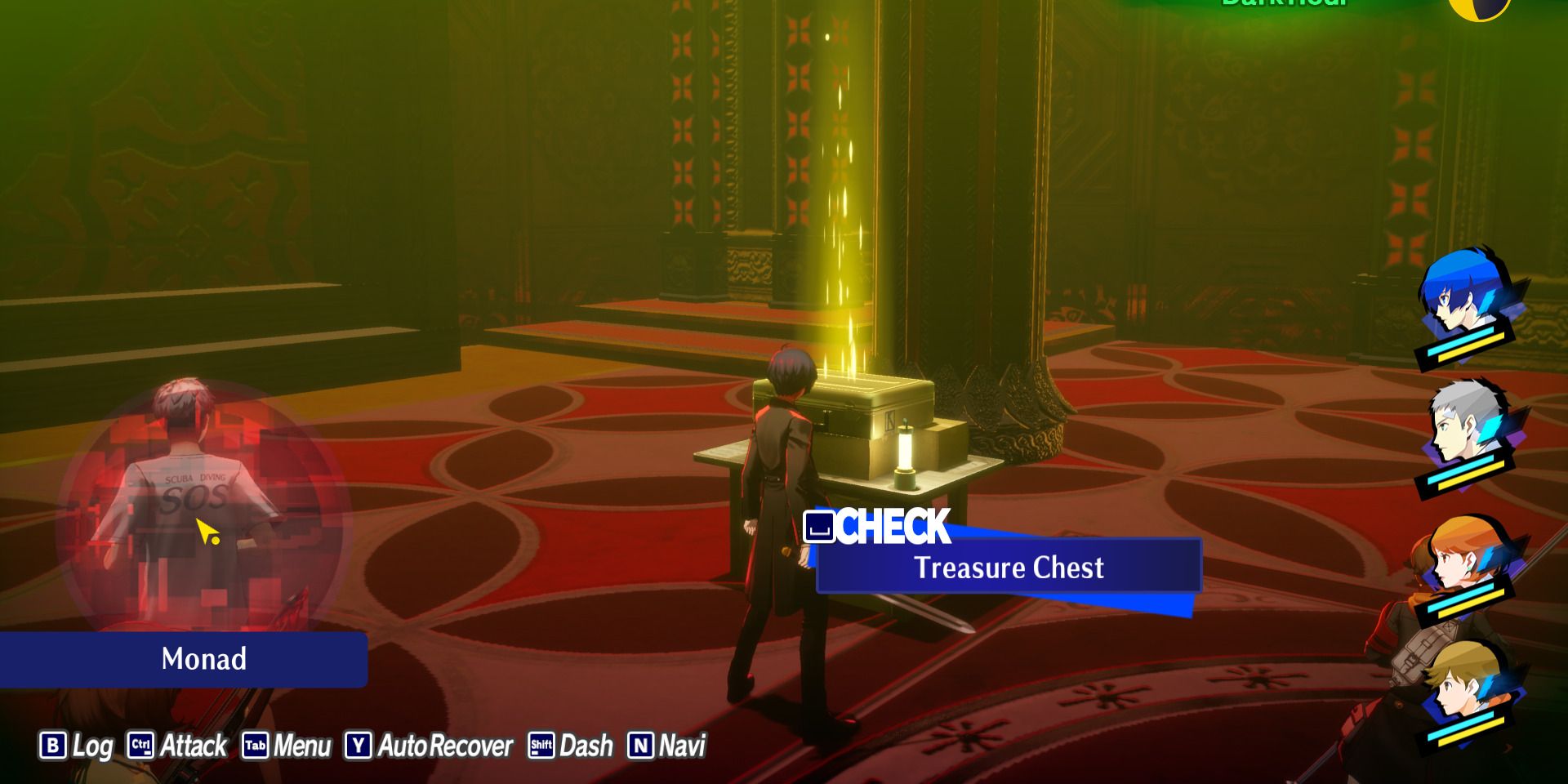 Image of the main character in front of a gold treasure chest in a Monad Door in Persona 3 Reload - {{table_placeholder_0}}