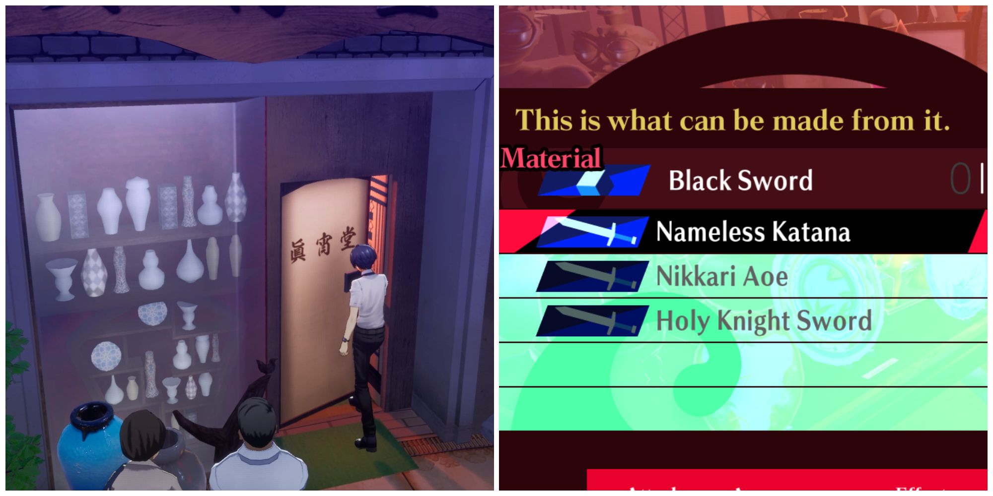 Split image of the entrance to Mayoido Antiques and the Nameless Katana in Persona 3 Reload