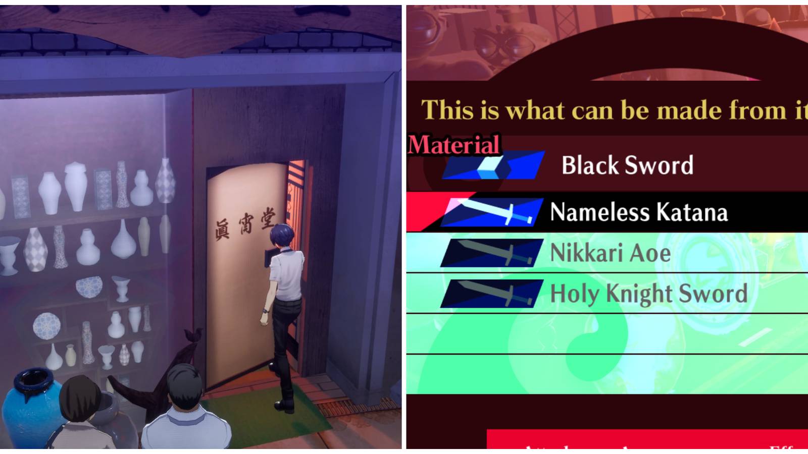 Split image of the entrance to Mayoido Antiques and the Nameless Katana in Persona 3 Reload