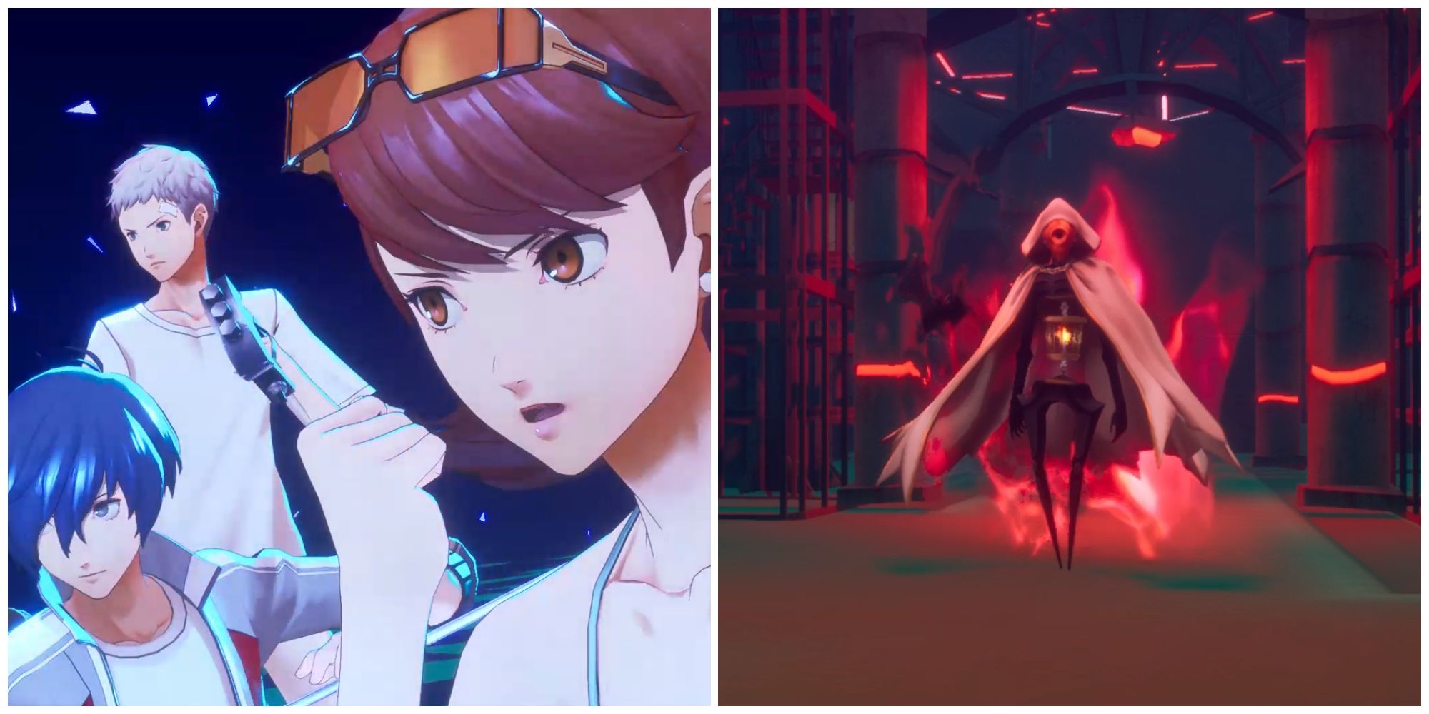 Split image of Yukari, Sanada, and the main character in battle and the Phantom Mage boss in Persona 3 Reload