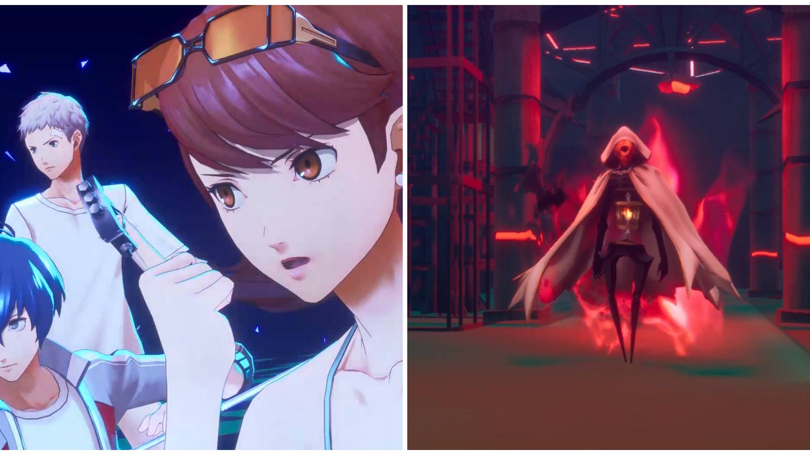 Split image of Yukari, Sanada, and the main character in battle and the Phantom Mage boss in Persona 3 Reload