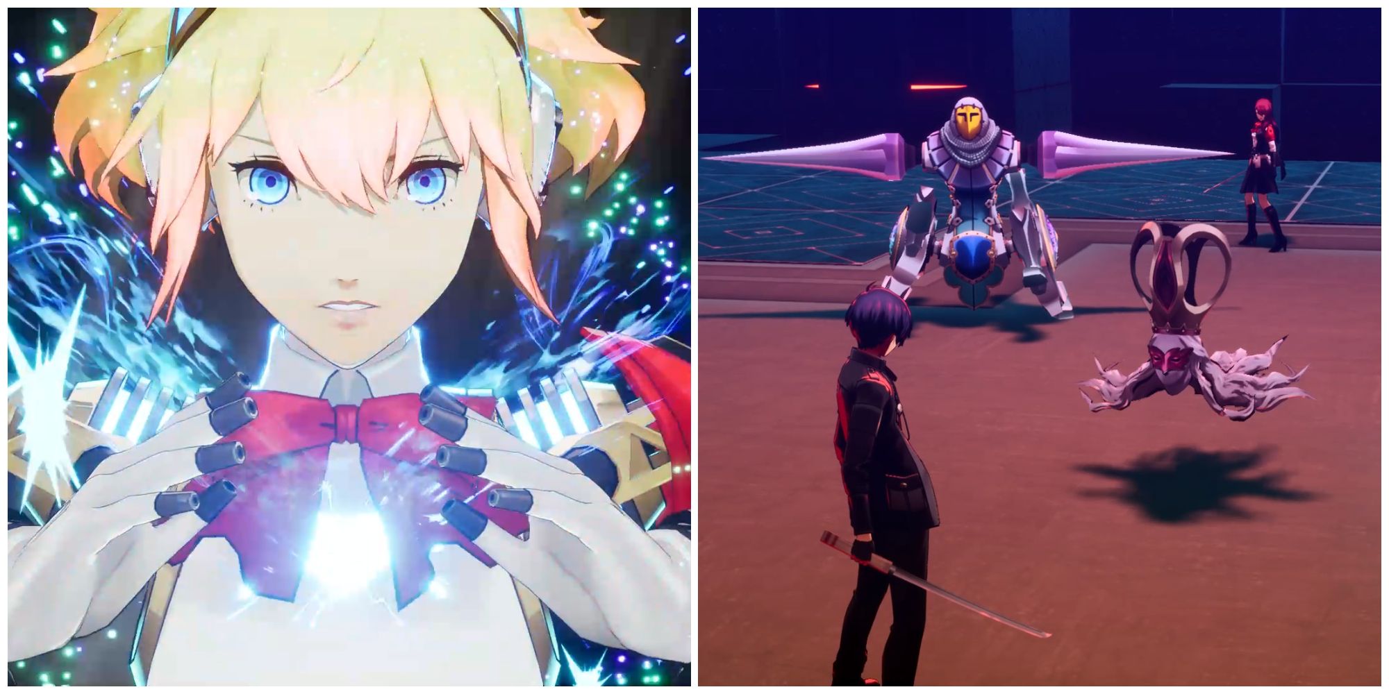 Split image of Aigis using her Theurgy attack and the bosses Rampage Drive and Shouting Tiara in Persona 3 Reload