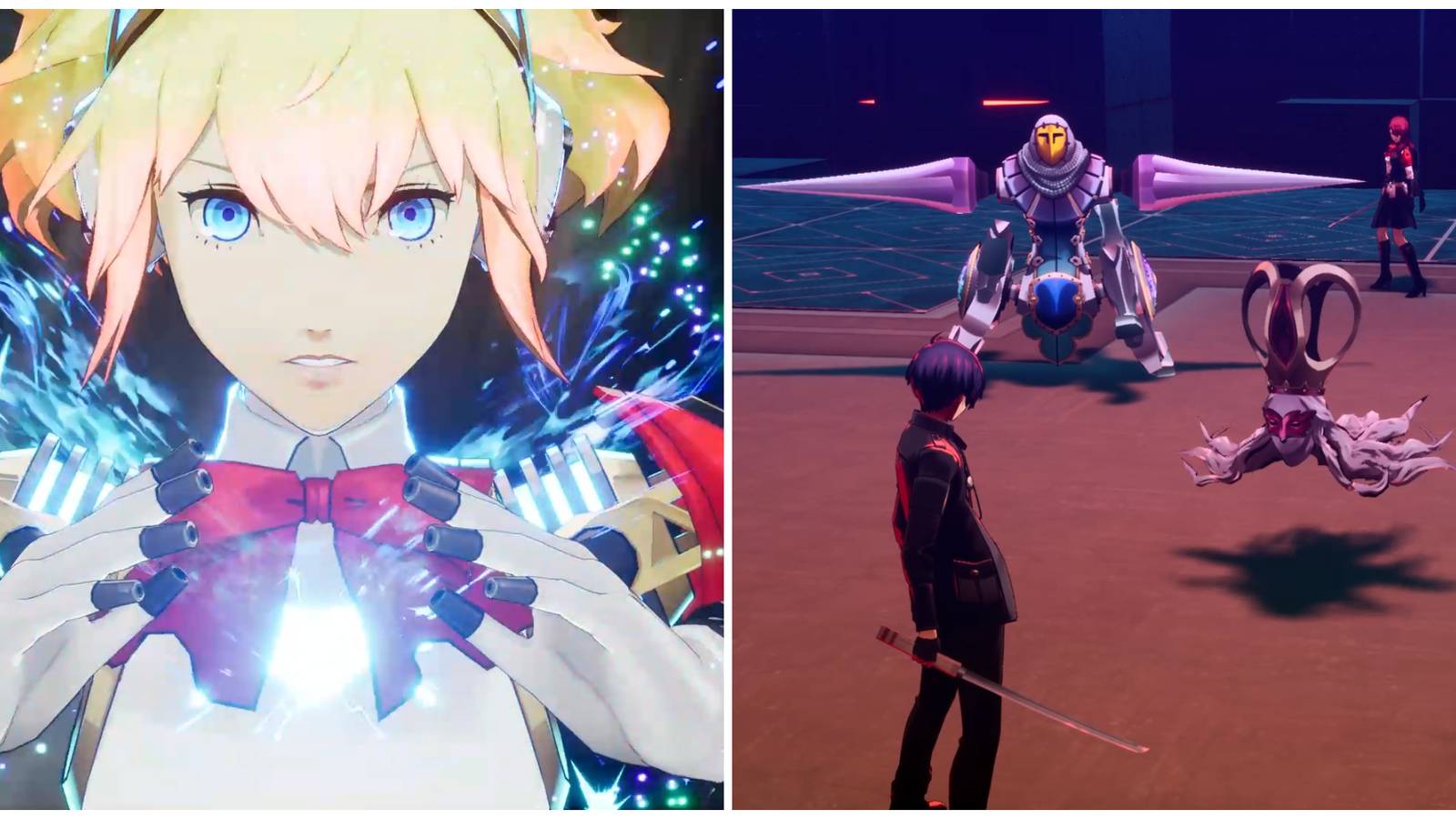 Split image of Aigis using her Theurgy attack and the bosses Rampage Drive and Shouting Tiara in Persona 3 Reload
