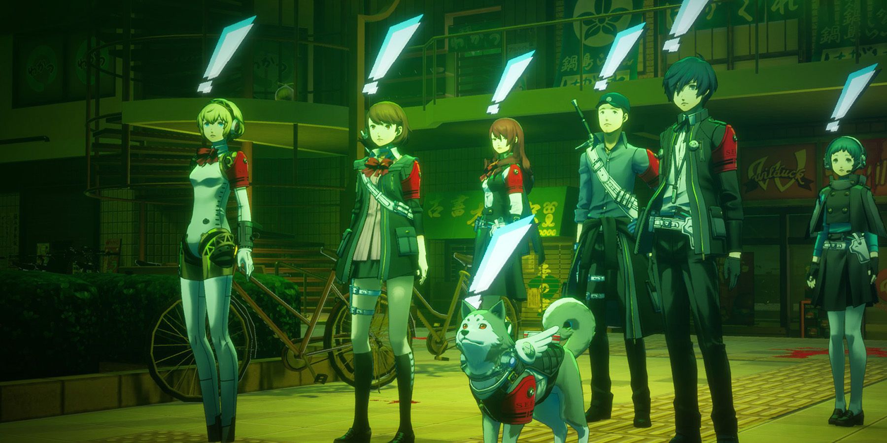Persona 3 Reload SEES members surprised during Dark Hour at Paulownia Mall blue exclamation marks