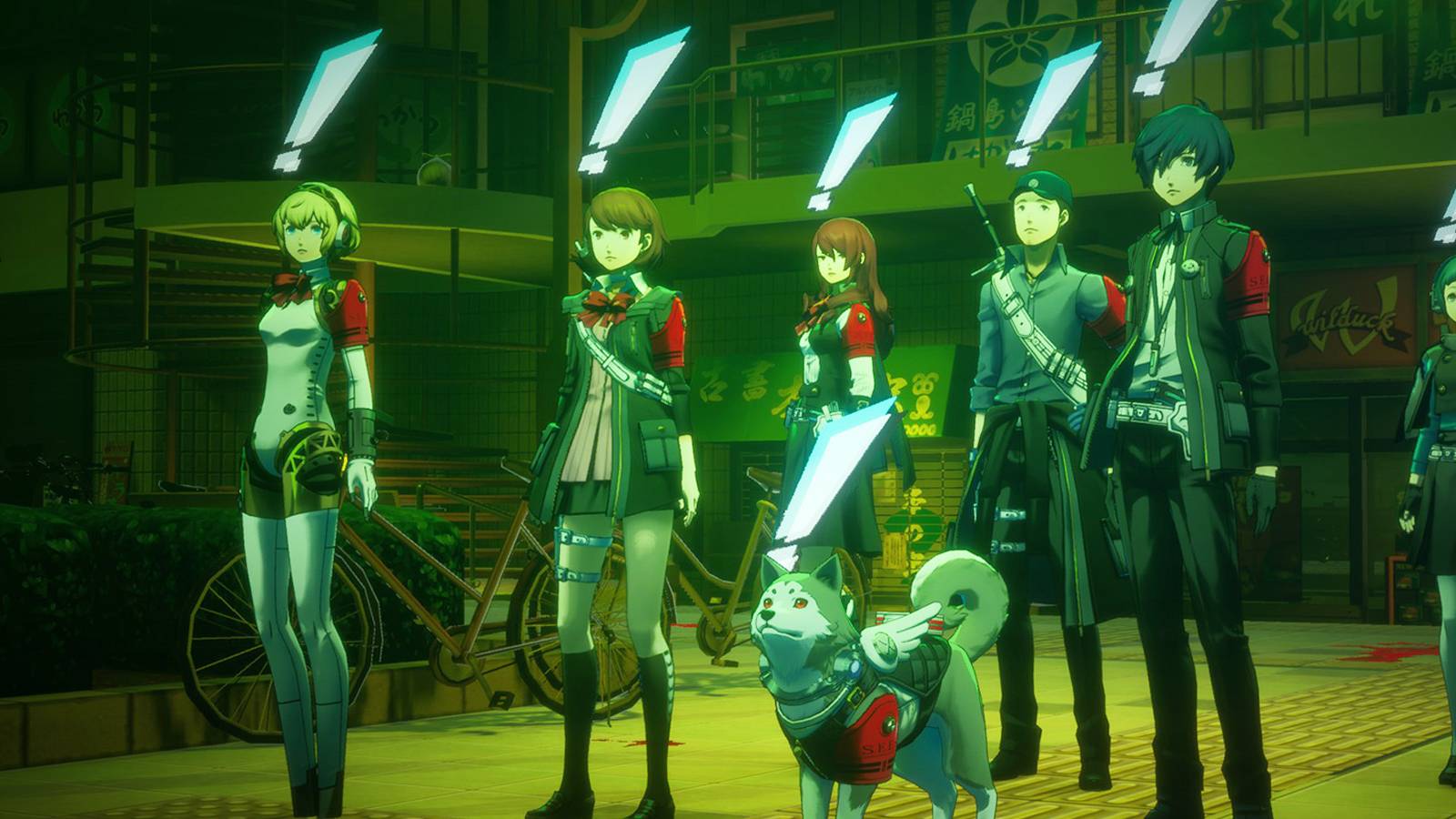 Persona 3 Reload SEES members surprised during Dark Hour at Paulownia Mall blue exclamation marks