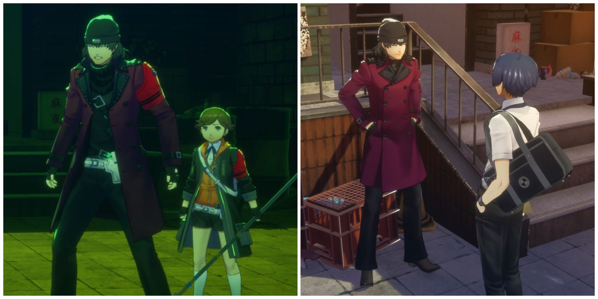 Split image of Shinjiro with Ken and Shinjiro with the main character before a hangout in Persona 3 Reload