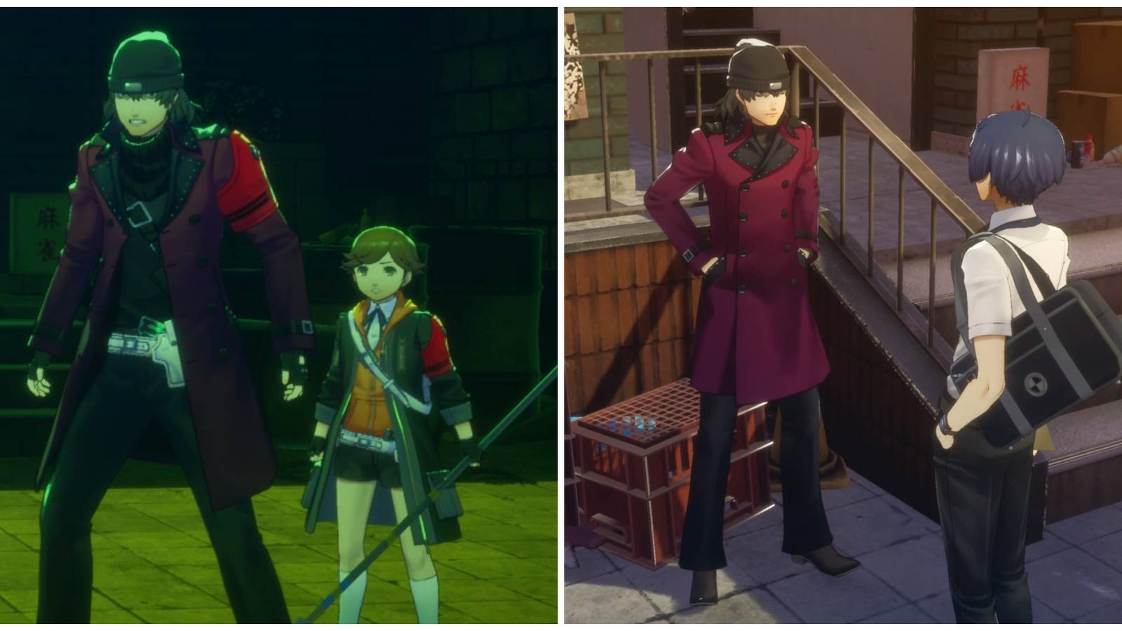 Split image of Shinjiro with Ken and Shinjiro with the main character before a hangout in Persona 3 Reload