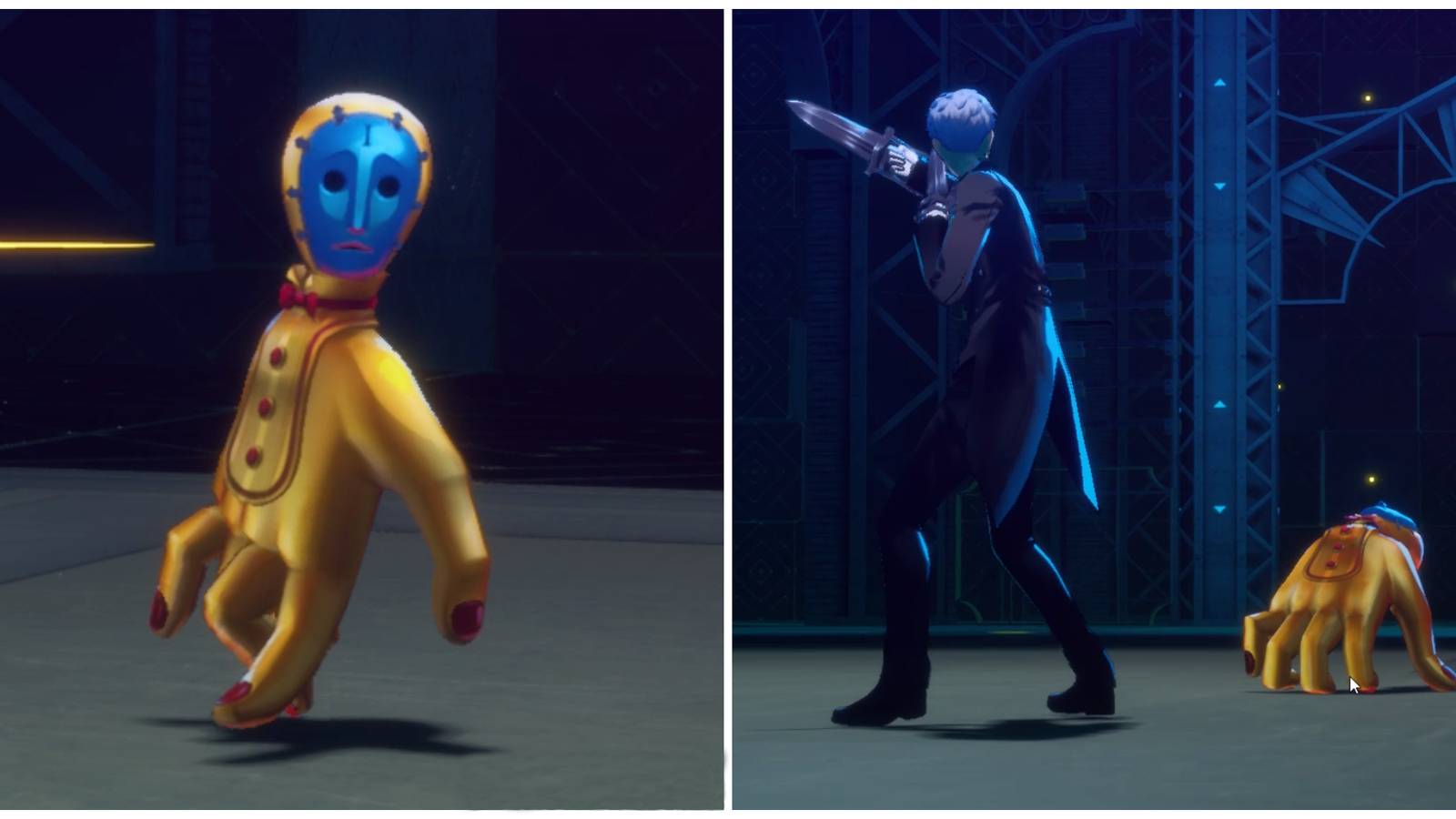 Split image of a Supreme Hand and a battle against a Supreme Hand in Persona 3 Reload