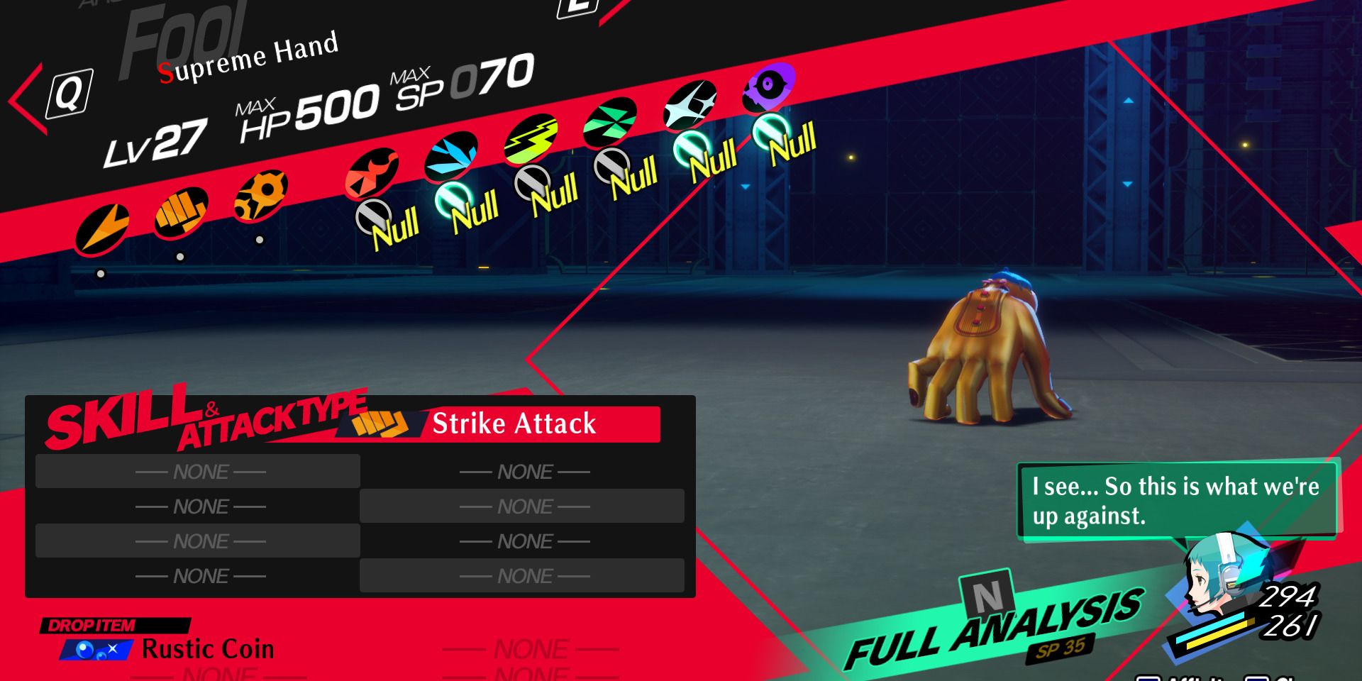 Image of Supreme Hand's affinities and weaknesses in Persona 3 Reload