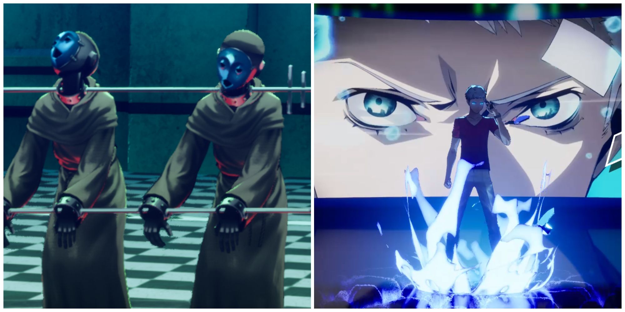 Split image of the enemy Trance Twins and Sanada using an electric attack in Persona 3 Reload