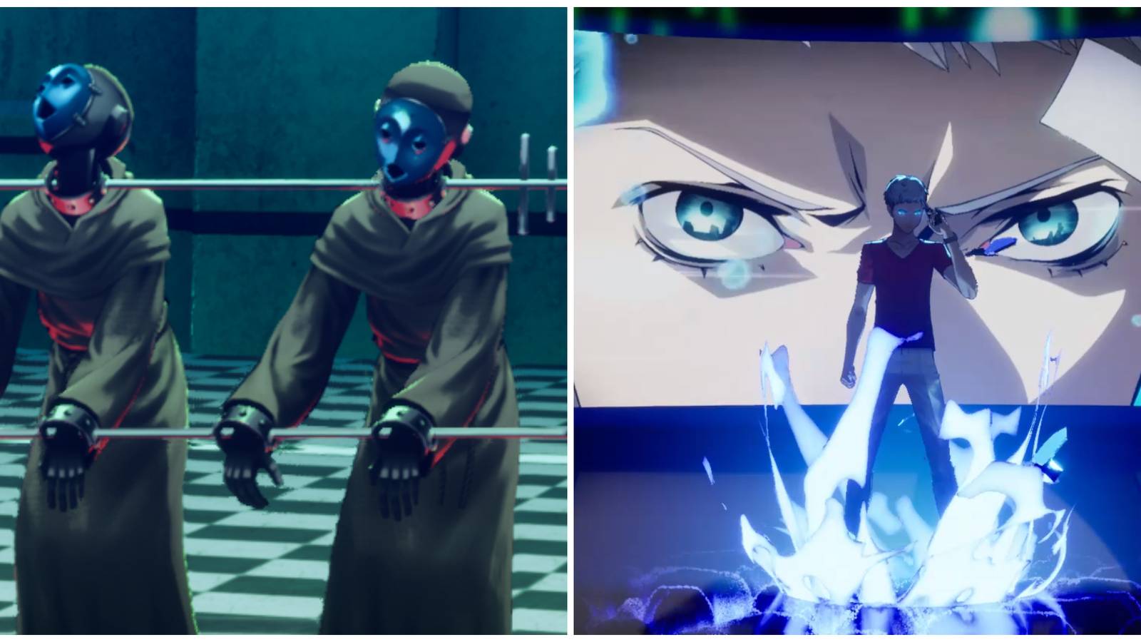 Split image of the enemy Trance Twins and Sanada using an electric attack in Persona 3 Reload