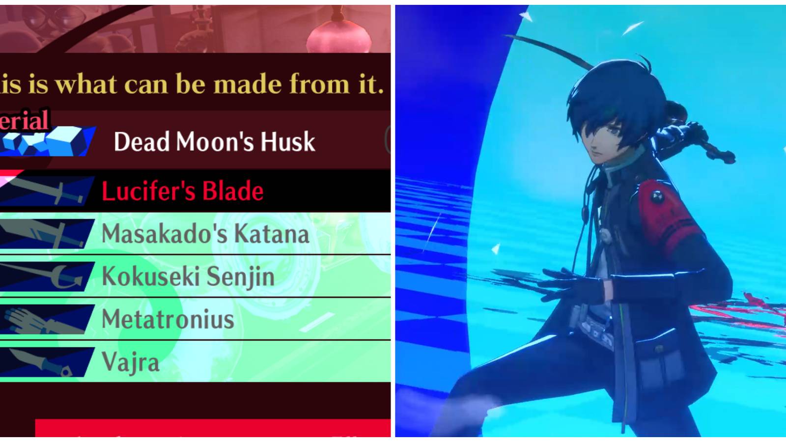 Split image of some ultimate weapons that can be made using Dead Moon's Husk and the main character at the end of a battle in Persona 3 Reload