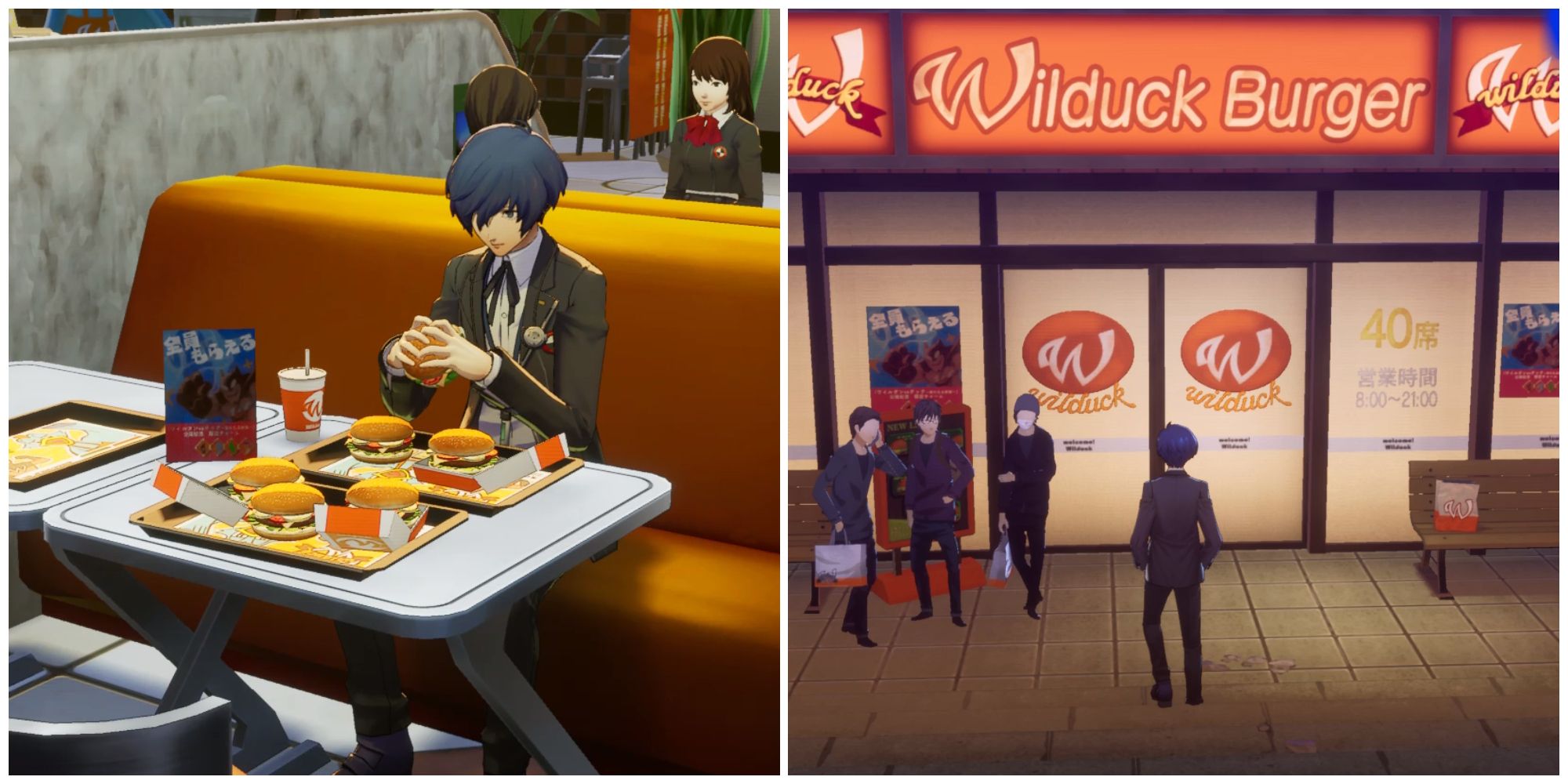 Split image of the main character taking on the Big Eater Challenge and the main character outside Wilduck Burger in Persona 3 Reload