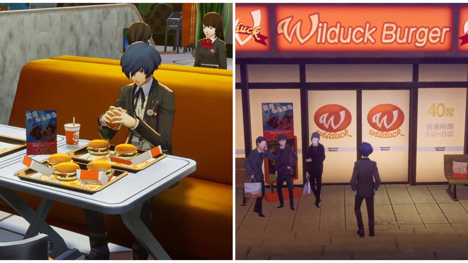 Split image of the main character taking on the Big Eater Challenge and the main character outside Wilduck Burger in Persona 3 Reload