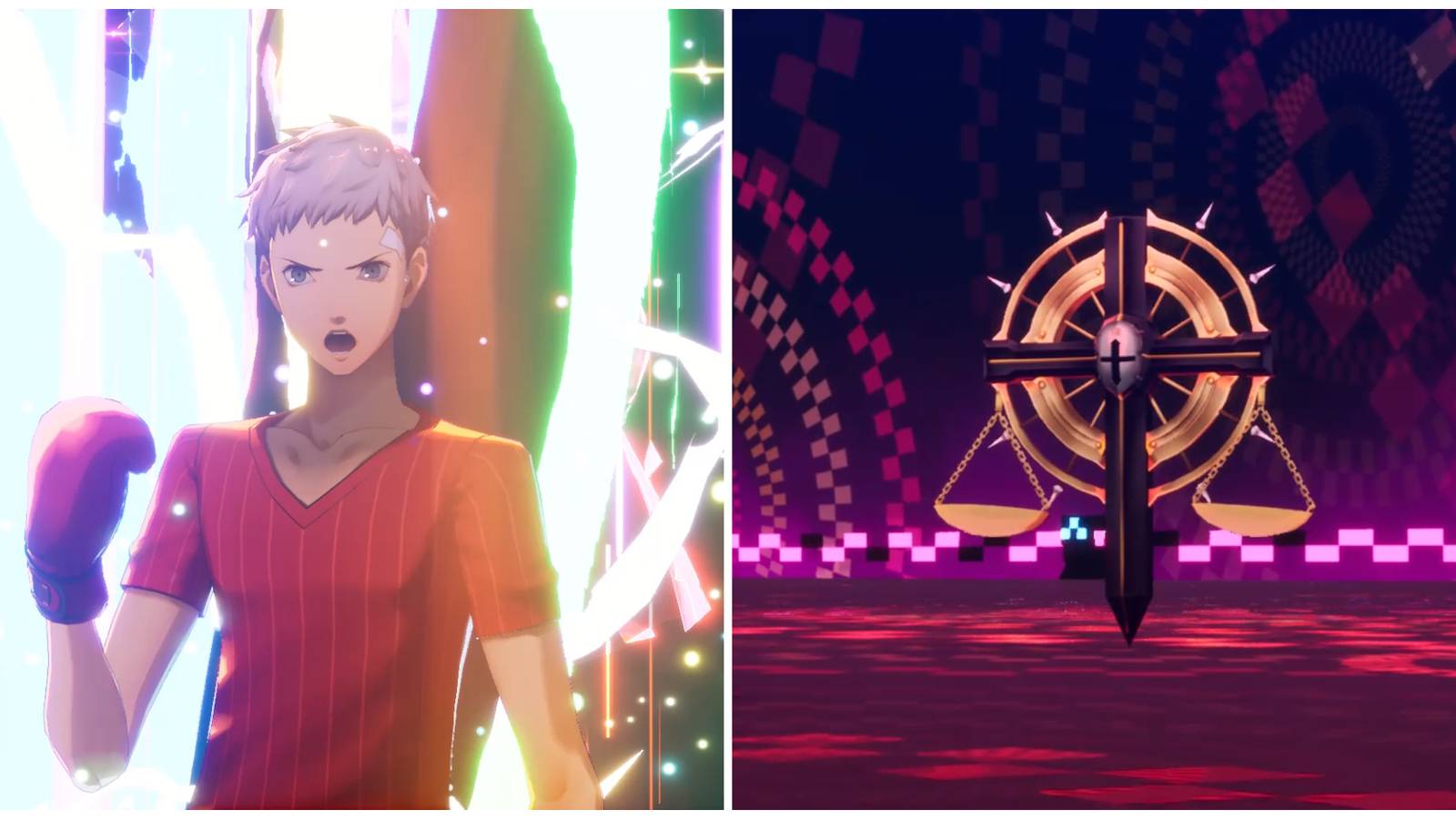 Split image of Sanada using his Theurgy ability and the World Balance boss in Persona 3 Reload