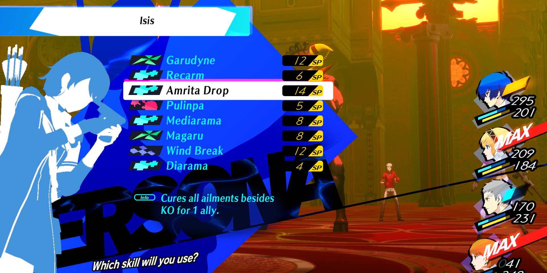 Image of Yukari using the skill Amrita Drop in Persona 3 Reload