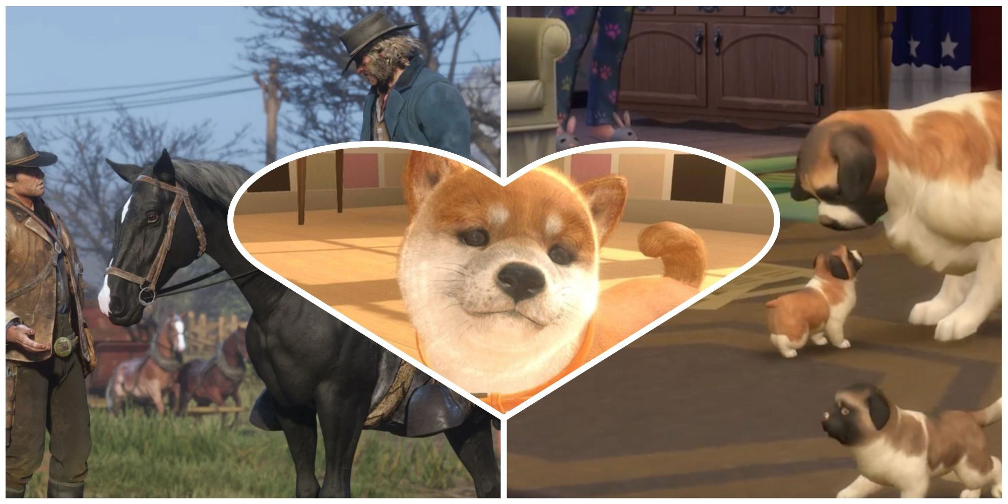A collage featuring animals in video games: Red Dead Redemption 2 (left), Nintendogs (middle), and Sims 4 (right)