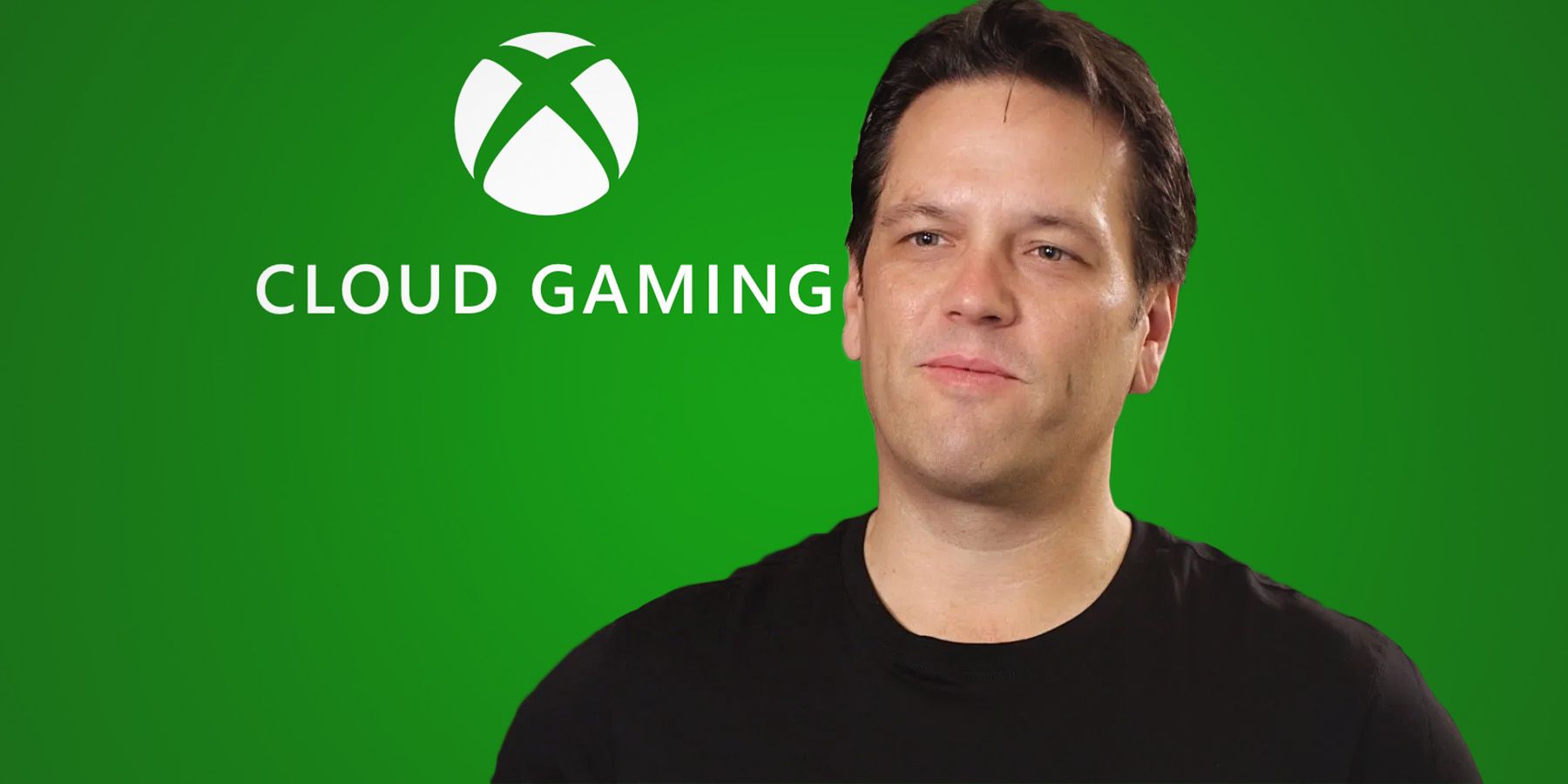 Phil Spencer in front of Xbox Cloud Gaming logo on dark green background composite