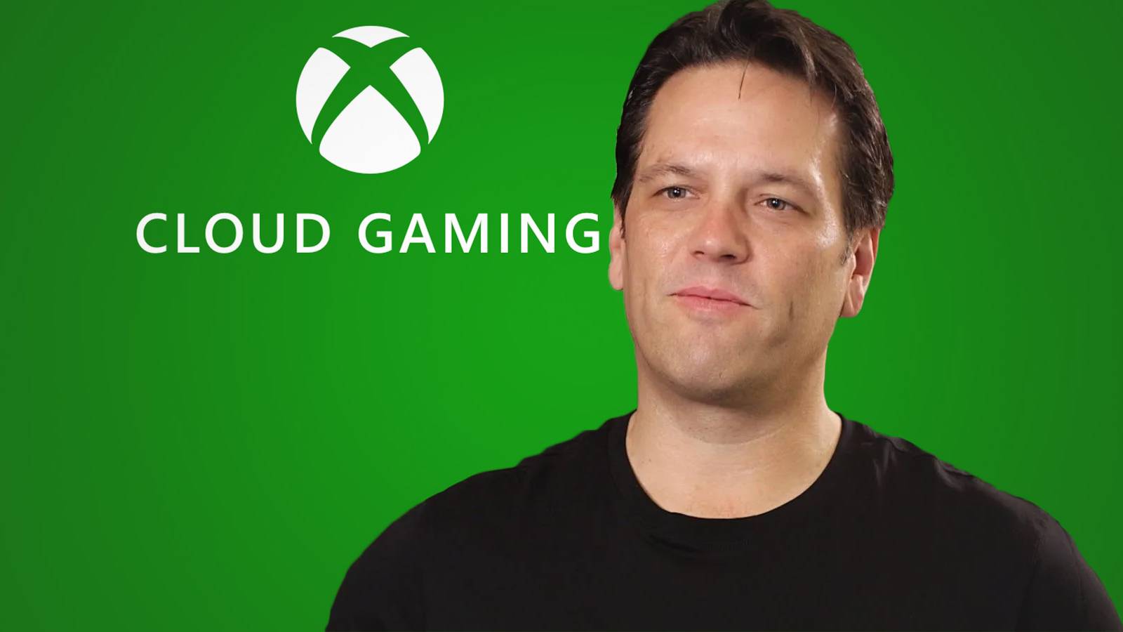 Phil Spencer in front of Xbox Cloud Gaming logo on dark green background composite