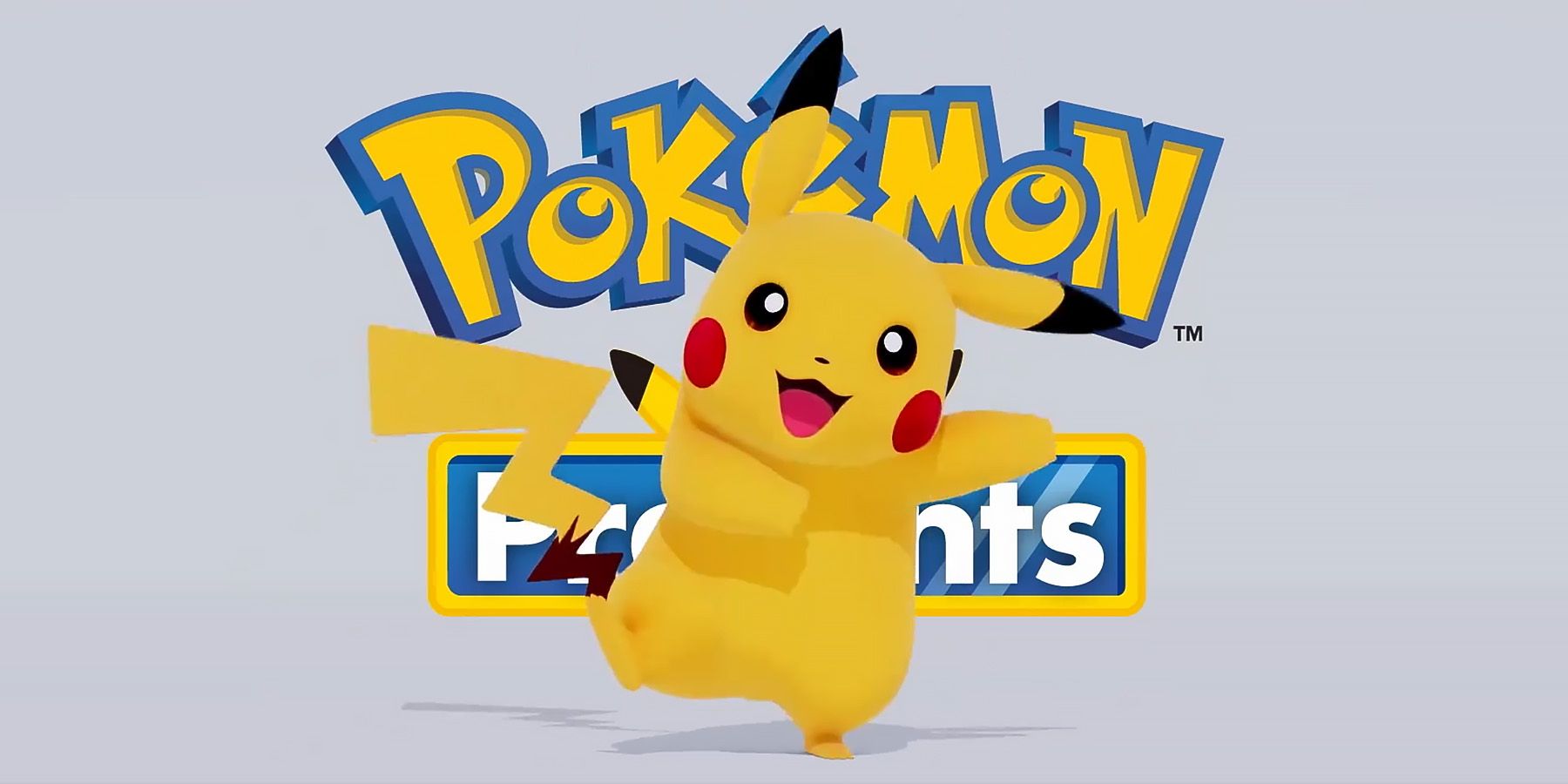 Pikachu in front of Pokemon Presents logo on gray background