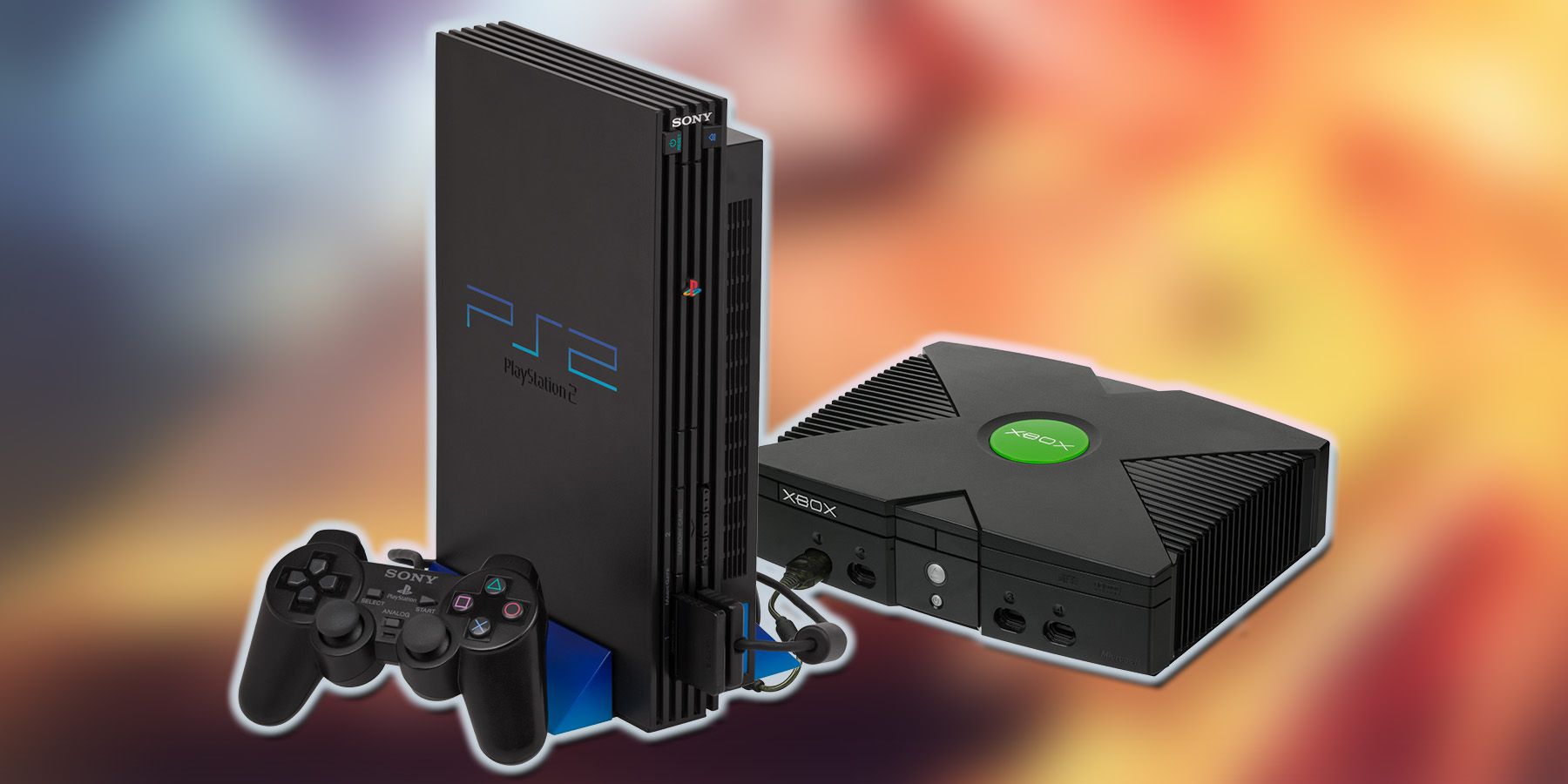 PlayStation 2 PS2 and original Xbox on blurred Flatout promo artwork