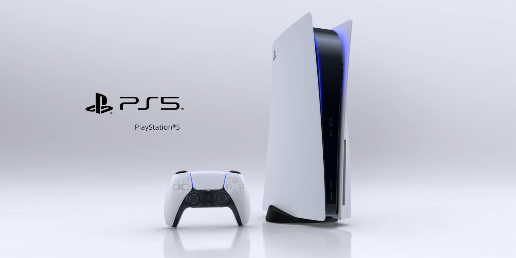 The Playstation 5 console with its logo and a controller