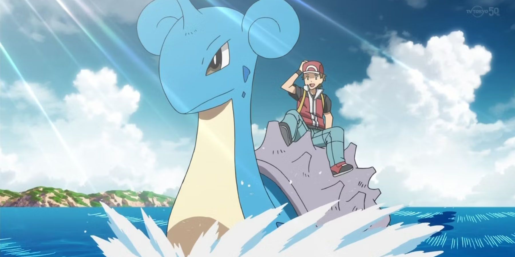 A screenshot of Lapras carrying Red on its back in Pokemon.