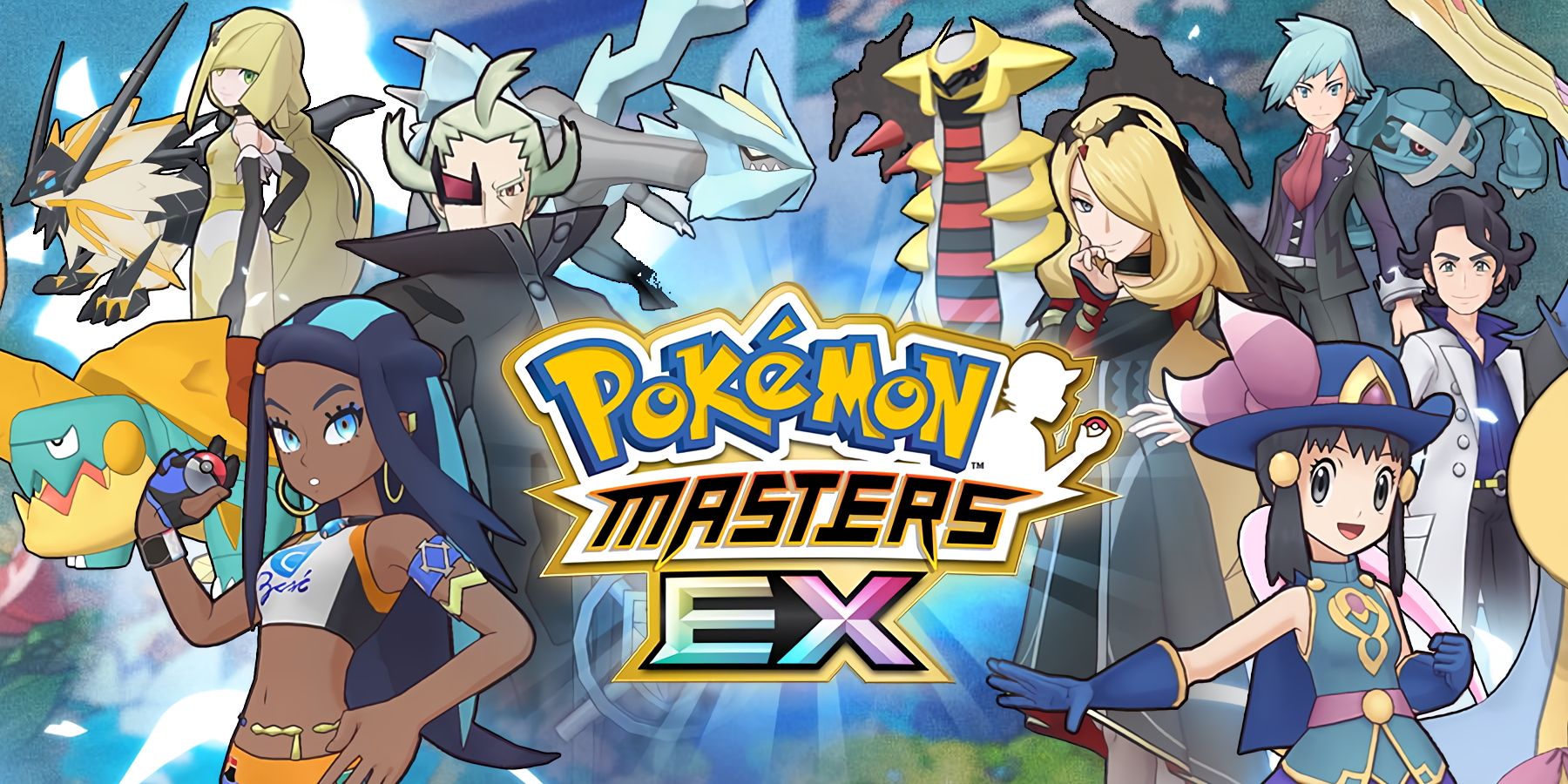 A promotional visual for Pokemon Masters EX featuring several characters including Nessa, Dawn, Ghetsis, and Cynthia.