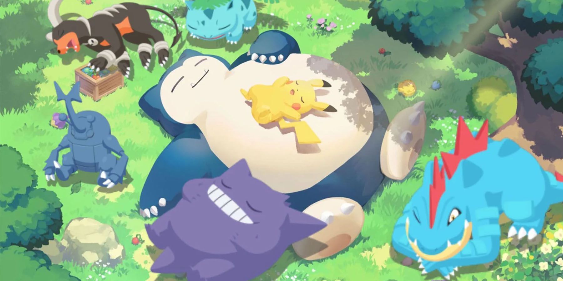 A promotional image of Snorlax, Pikachu, and a group of other Pokemon napping in Pokemon Sleep.