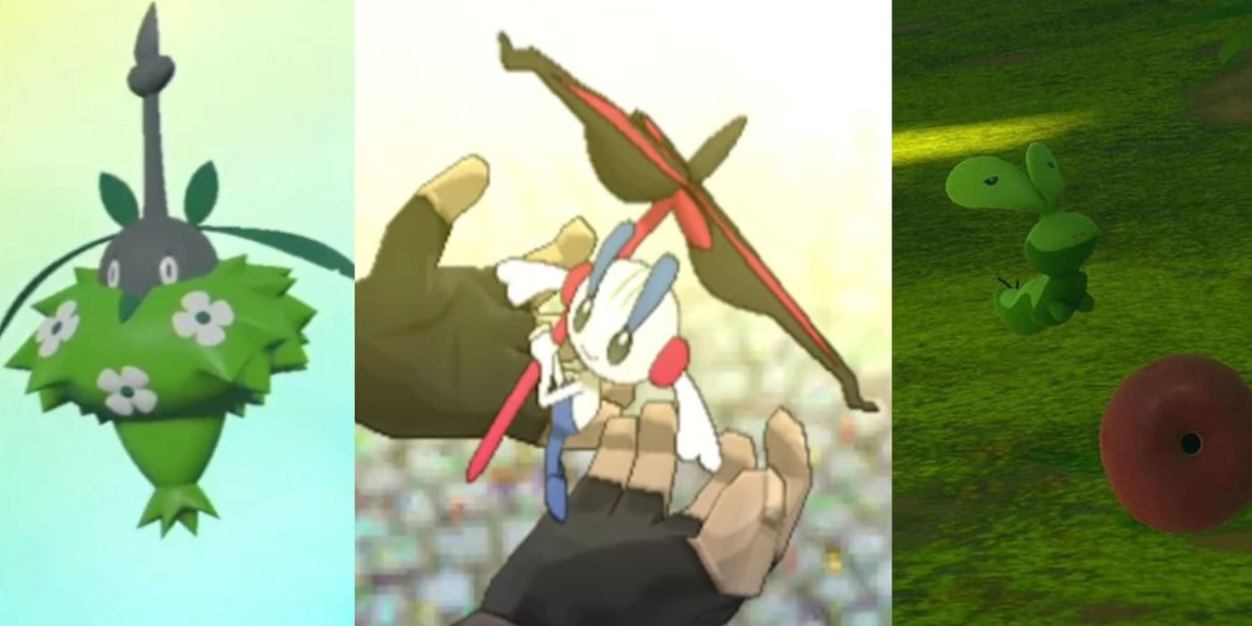 Split image Wormadam evolution, AZ's Floette in his hands, and Applin knocked out of its apple