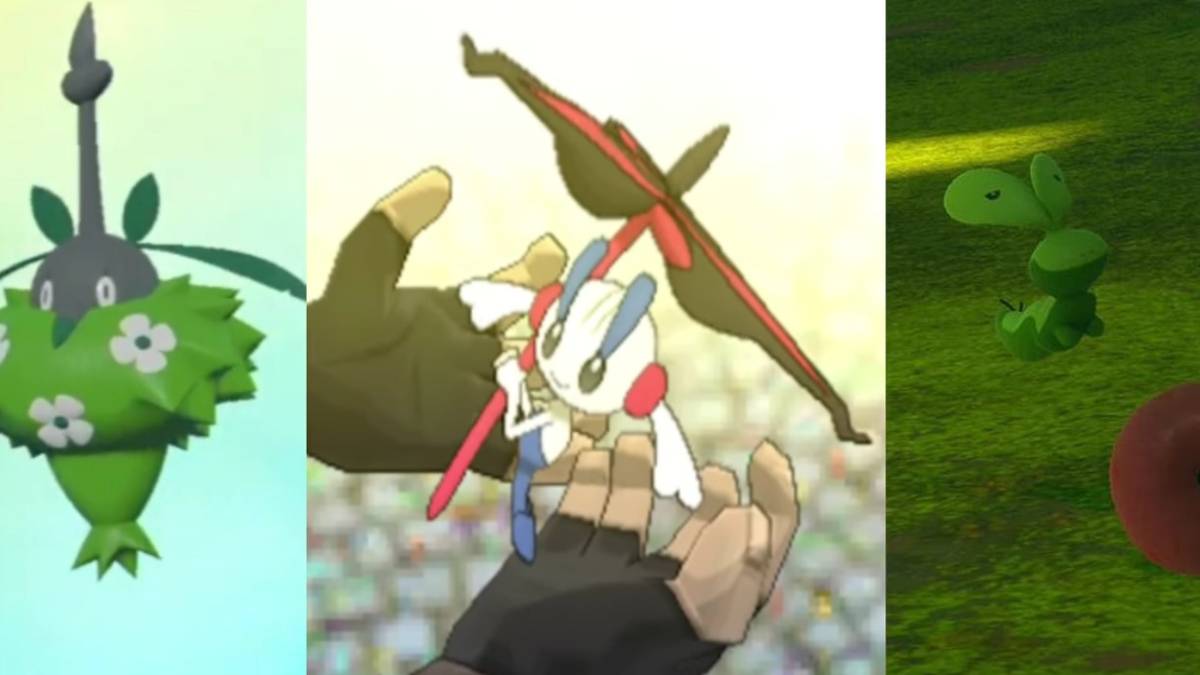 Split image Wormadam evolution, AZ's Floette in his hands, and Applin knocked out of its apple