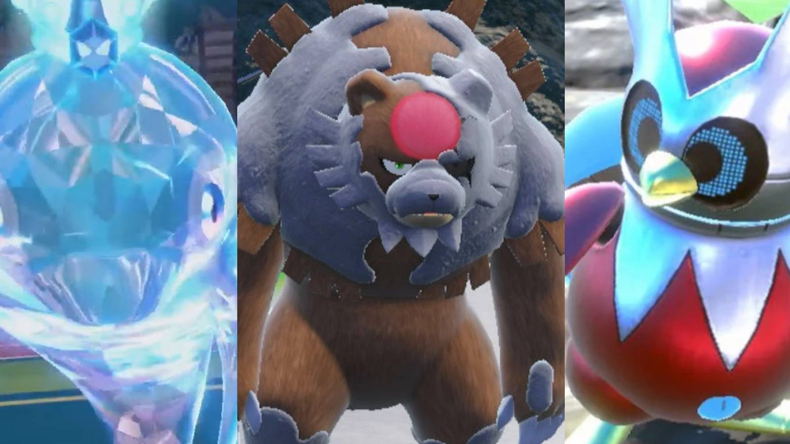 Pokemon split image Palafin using Terastalization, Bloodmoon Ursaluna walking, and Iron Bundle turning