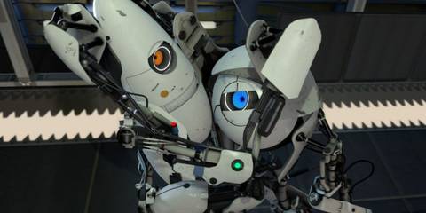Portal 2 robots hugging each other