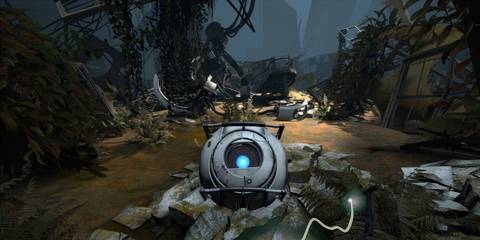 A screenshot of Chell carrying Wheatley through the ruins from Portal 2.