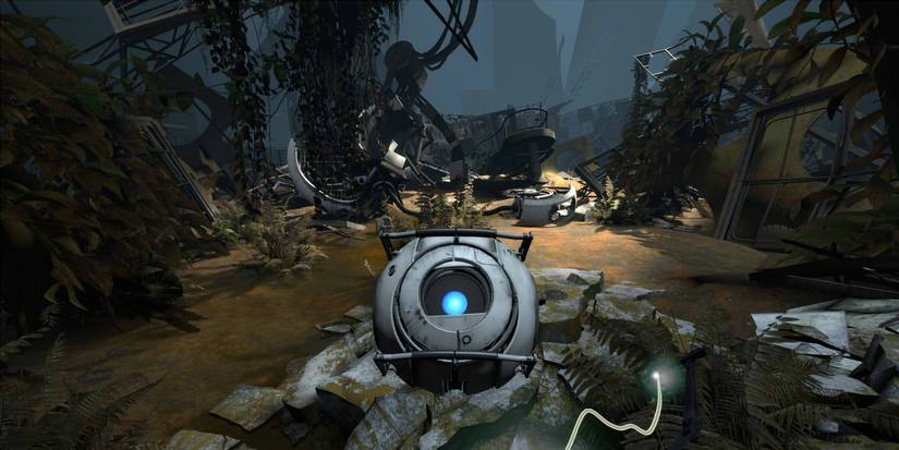 A screenshot of Chell carrying Wheatley through the ruins from Portal 2.
