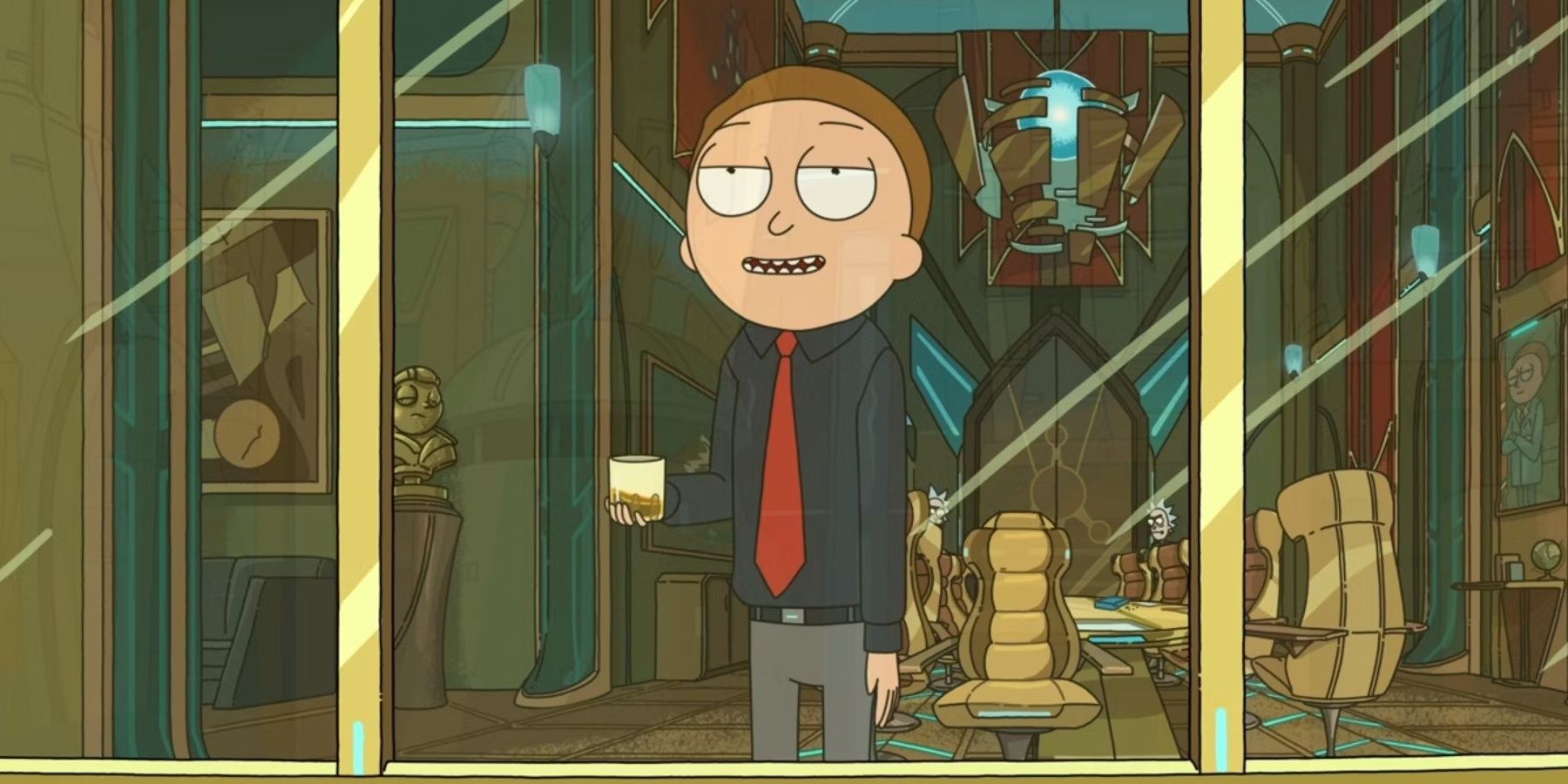 Evil Morty stands in his office with a glass of whiskey
